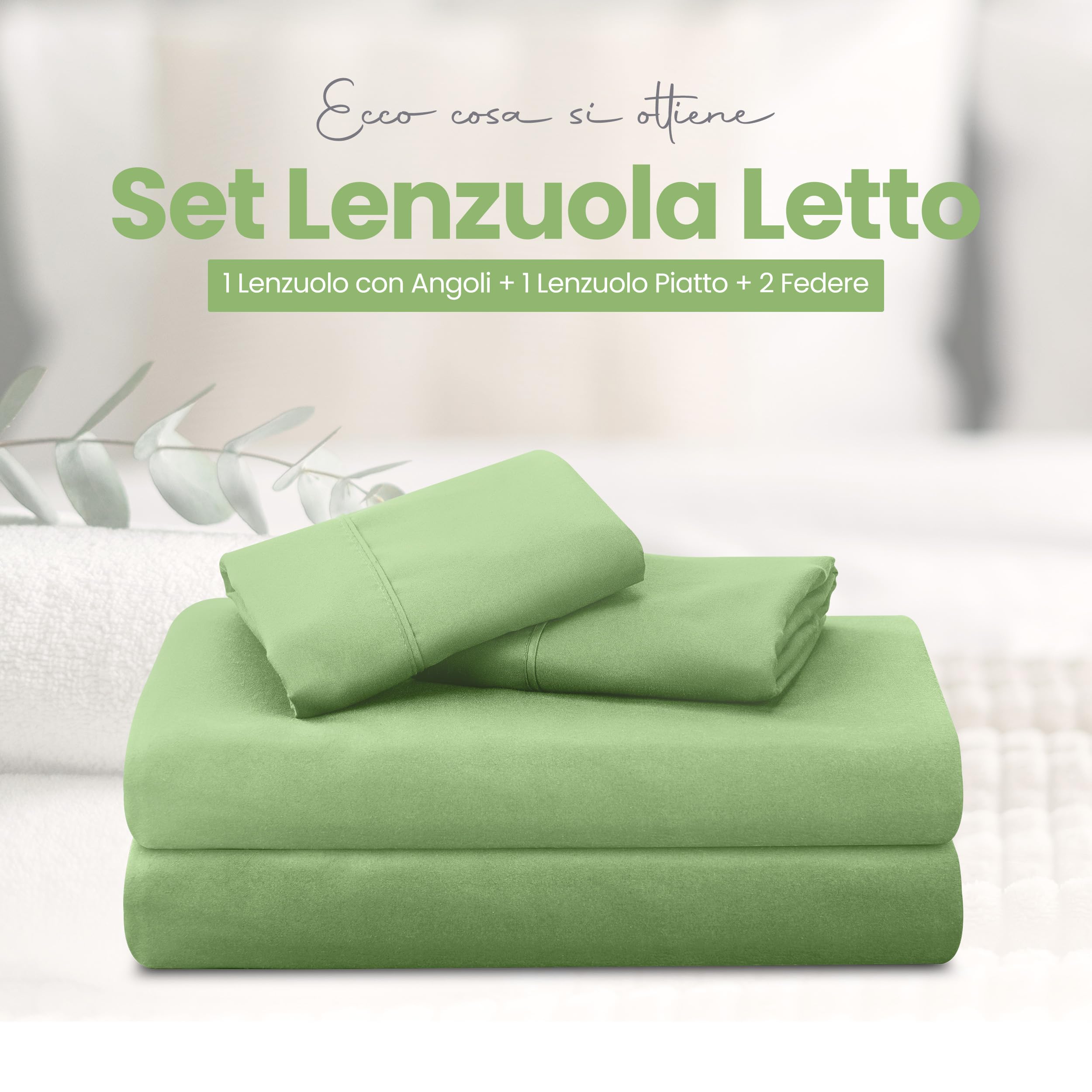 Utopia Bedding - Set Lenzuola Letto Matrimoniali 4 Pezzi 180x200 cm - Spazzolata Poliestre di Microfibra - Oeko-Tex Certificato - Lenzuolo con Angoli, Lenzuolo Piatto e 2 Federe 50x75, Verde Salvia