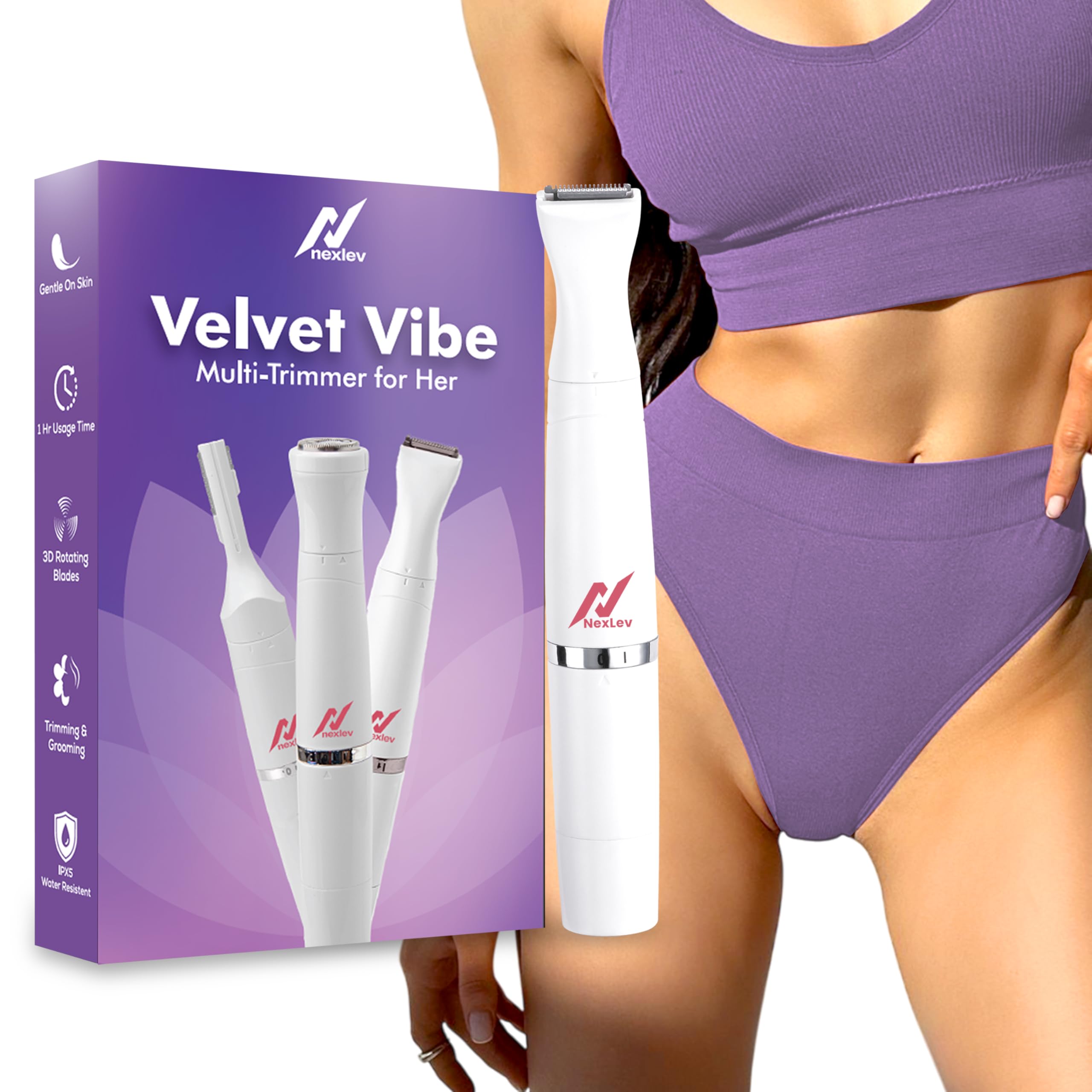 NexLev 6-in-1 trimmer | Sensitive Bikini Trimmer for Women | Skin Safe with Rounded Tips & Safety Guards| Hair Removal for Intimate Areas, Face, Arms, Legs & Body | 90 min Runtime | Type C | T-01