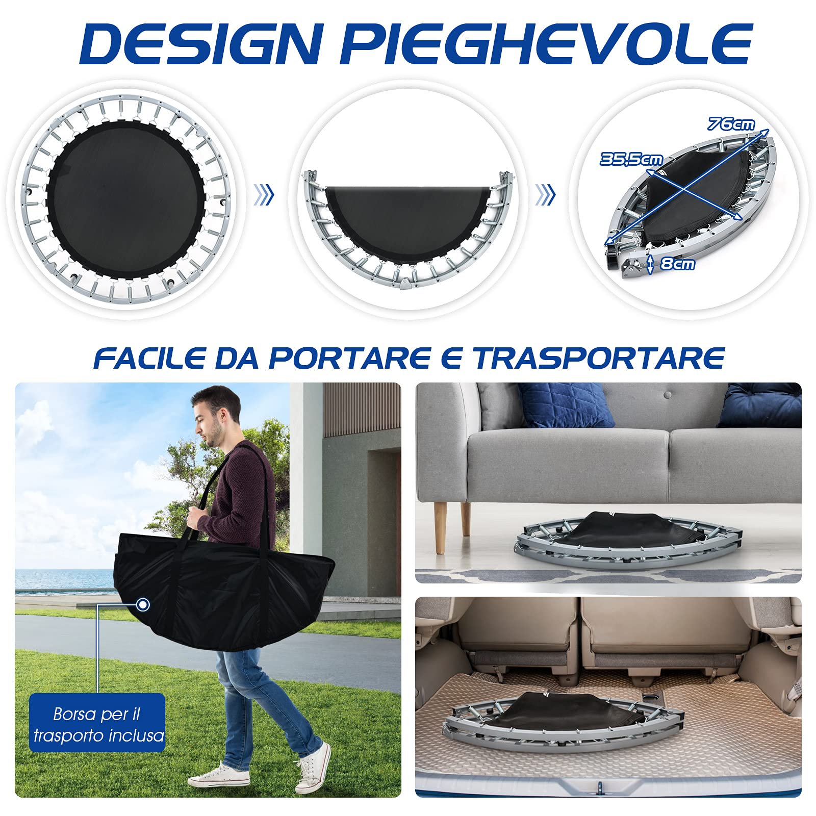 COSTWAY Trampolino per Bambini e Adulti, Tappeto Elastico Pieghevole e Regolabile in 4 Altezze con Maniglia, Capacità di Carico 150 kg