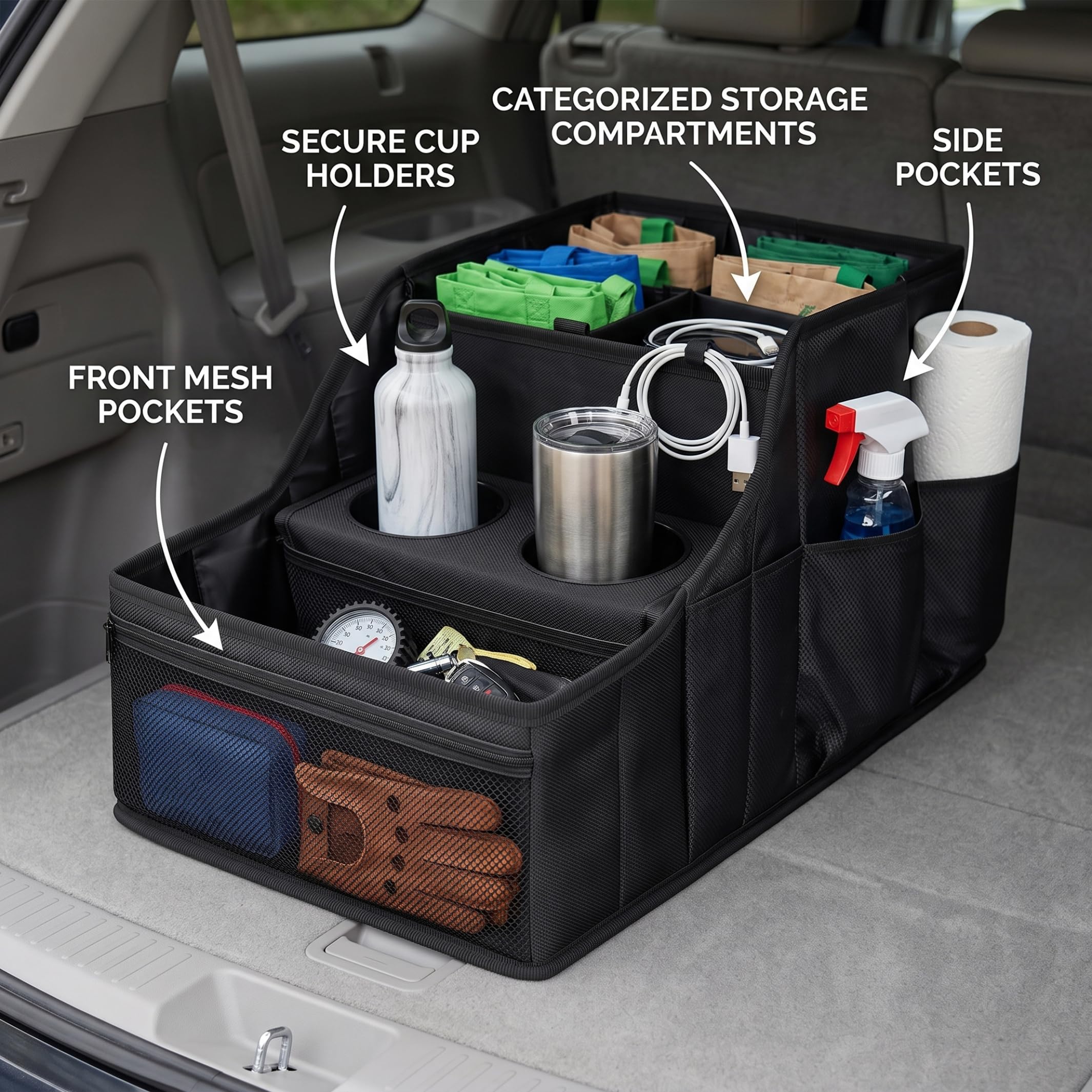 Organizer per auto, pieghevole, piccolo, nero | Contenitore multi-tasca, facile da piegare, ideale per viaggi in famiglia, piccoli veicoli