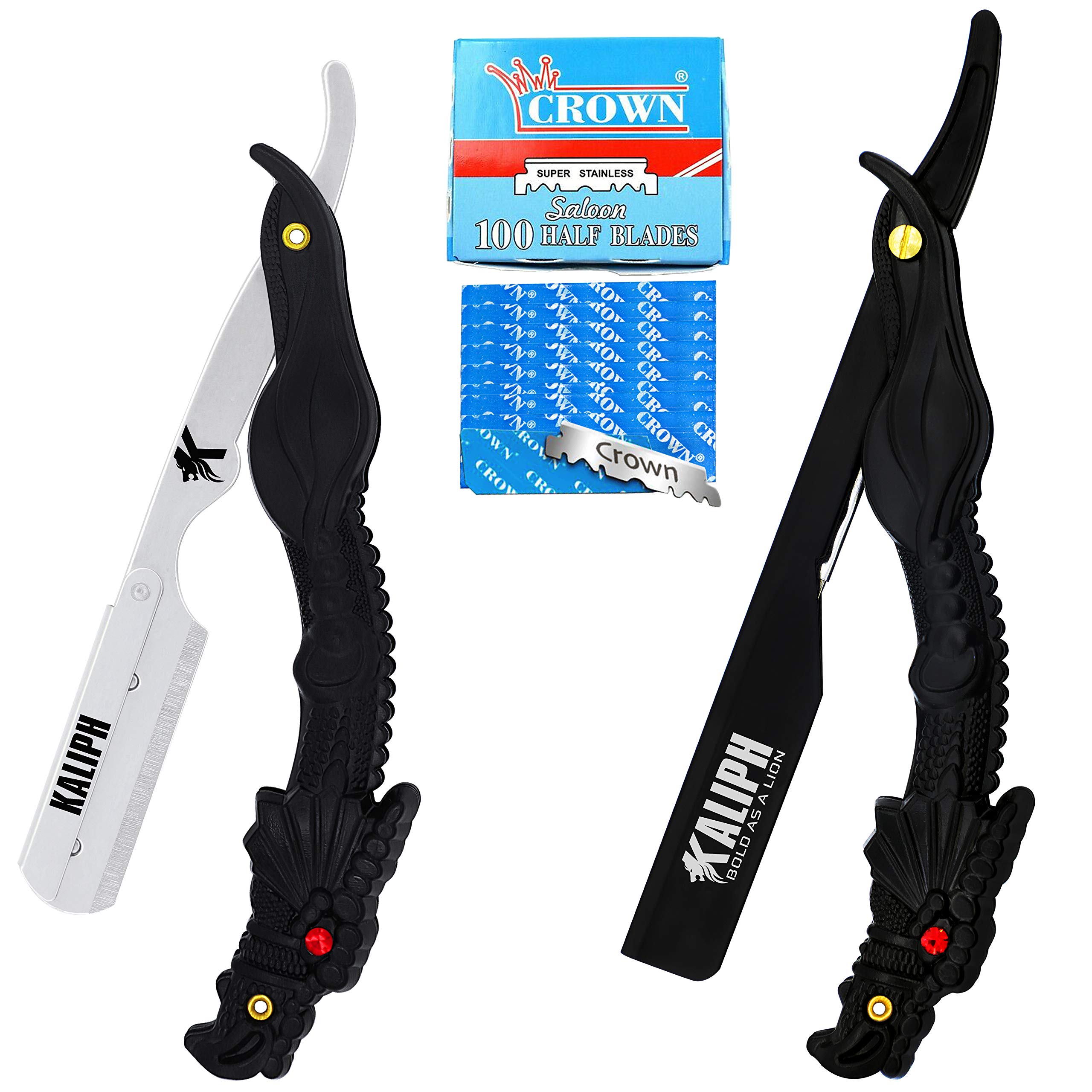 KALIPH Professional Cutthroat Shaving Razors for Men, 2pc Barber Straight Razor + 100 Shark Single Edge Razor Blades, Premium Choice Straight Razor Kit for Men's Grooming