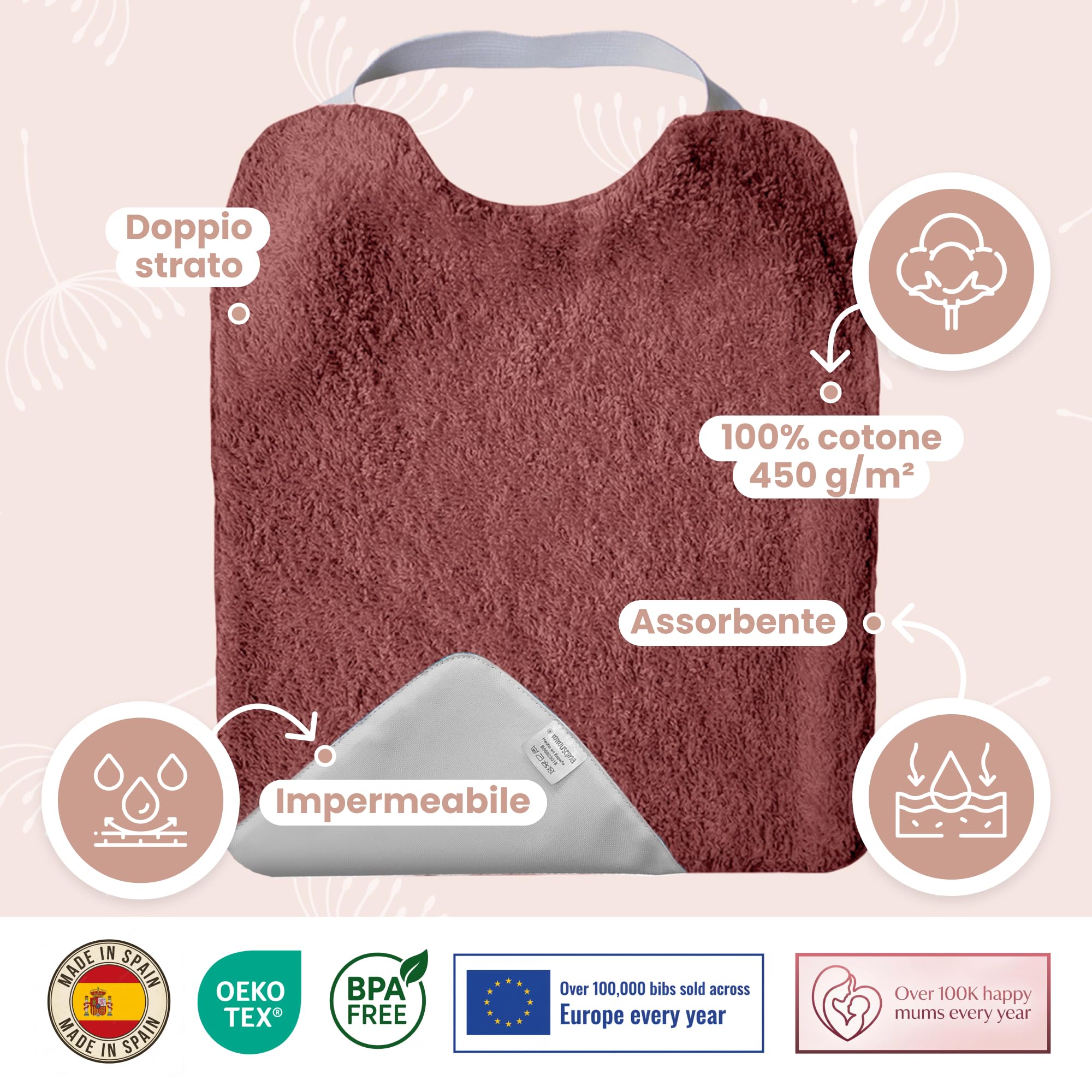 MIMUSELINA Set di 5 Bavaglini Neonato Impermeabili BLW in Spugna | Cotone Premium Oeko-Tex | Set Pappa Svezzamento Neonati | Grandi Bavaglini Asilo con Elastico al Collo | Realizzati a mano Spagna