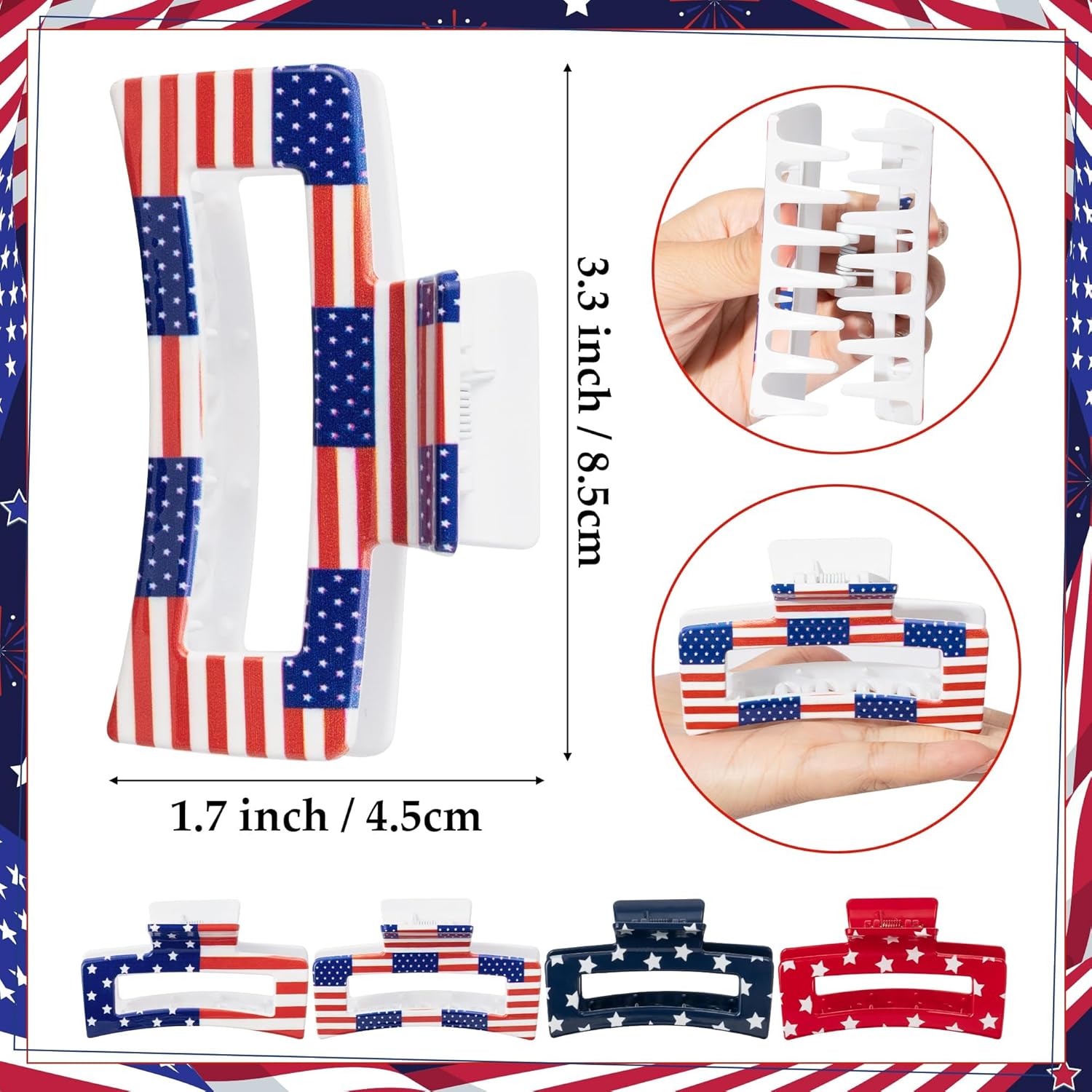 PANTIDE 4Pcs American Flag Hair Claw Clips for Women Girls - Independence Day 4th of July Rectangle Nonslip Clips Red White Blue Star Patriotic Celebrations USA Hair Accessories Small Gifts - Image 2
