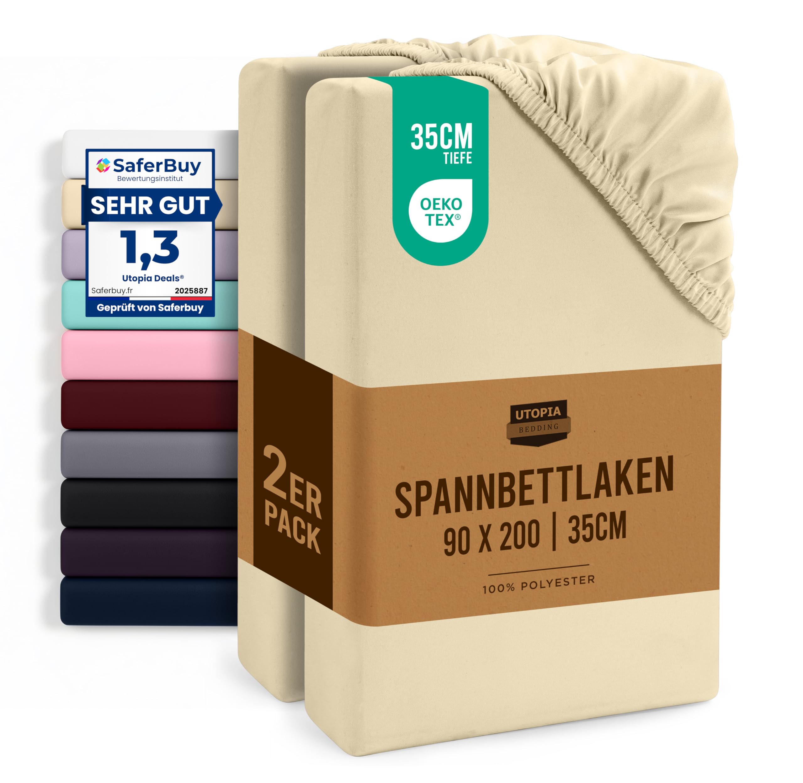 Utopia Bedding - 2er Set Spannbettlaken 90x200cm - Beige - Oeko-Tex Zertifiziertes - Gebürstete Mikrofaser Spannbetttuch - 35 cm Tiefe Tasche