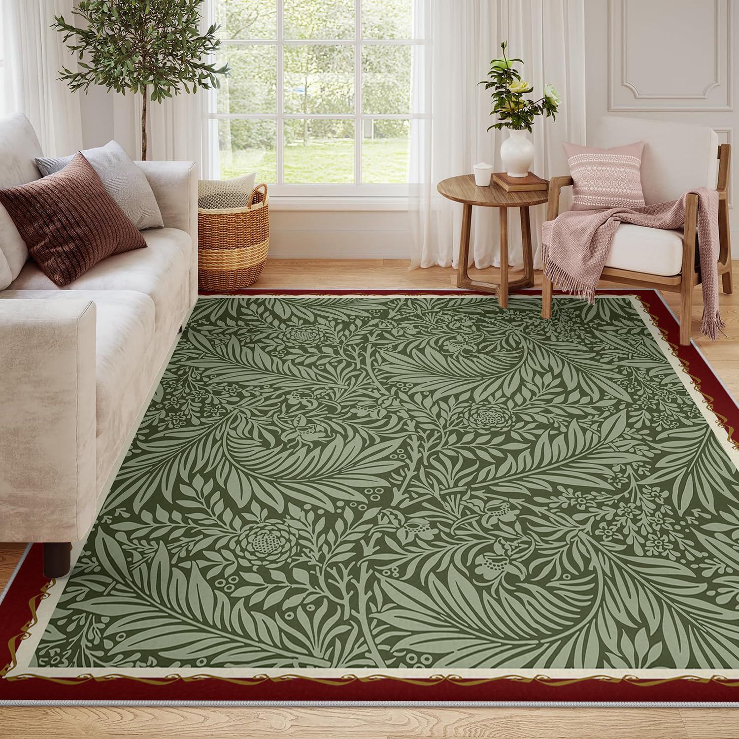 Dywaniki o wymiarach 120 x 160 cm, zmywalny, antypoślizgowy dywan, vintage, botaniczny liść, kwiaty, niskie runo, dywan do wnętrz, do salonu, jadalni, tradycyjny, oliwkowozielone liście