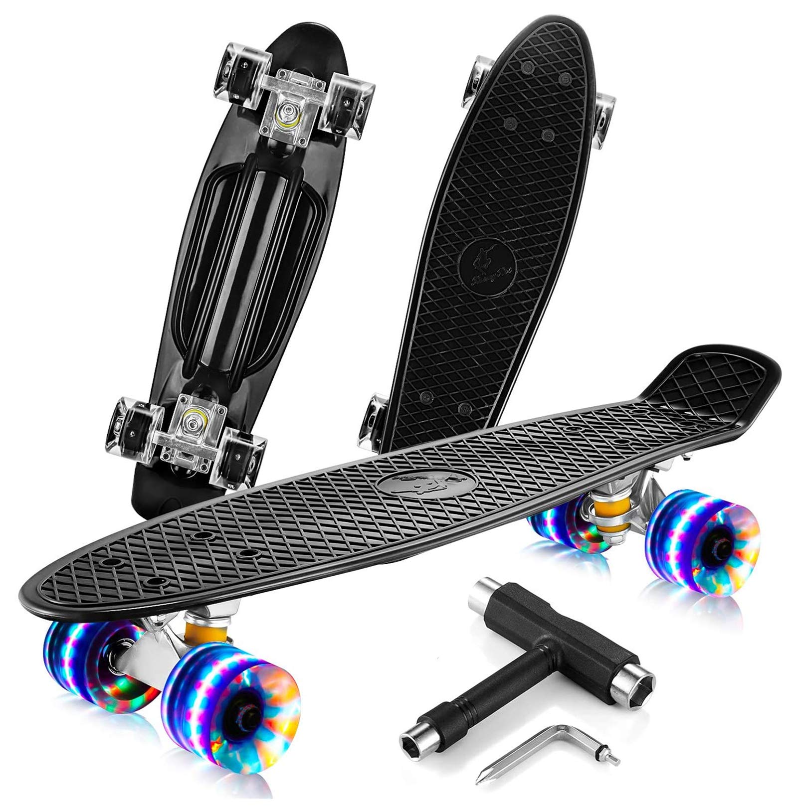 Skateboard Complet Mini Cruiser Planche À roulettes en Plastique 22 Pouces pour Enfants Garçons Filles Débutants Adolescents Adultes, LED Light Up Wheels avec Roulements Et Tout-en-Un Skate T-Tool