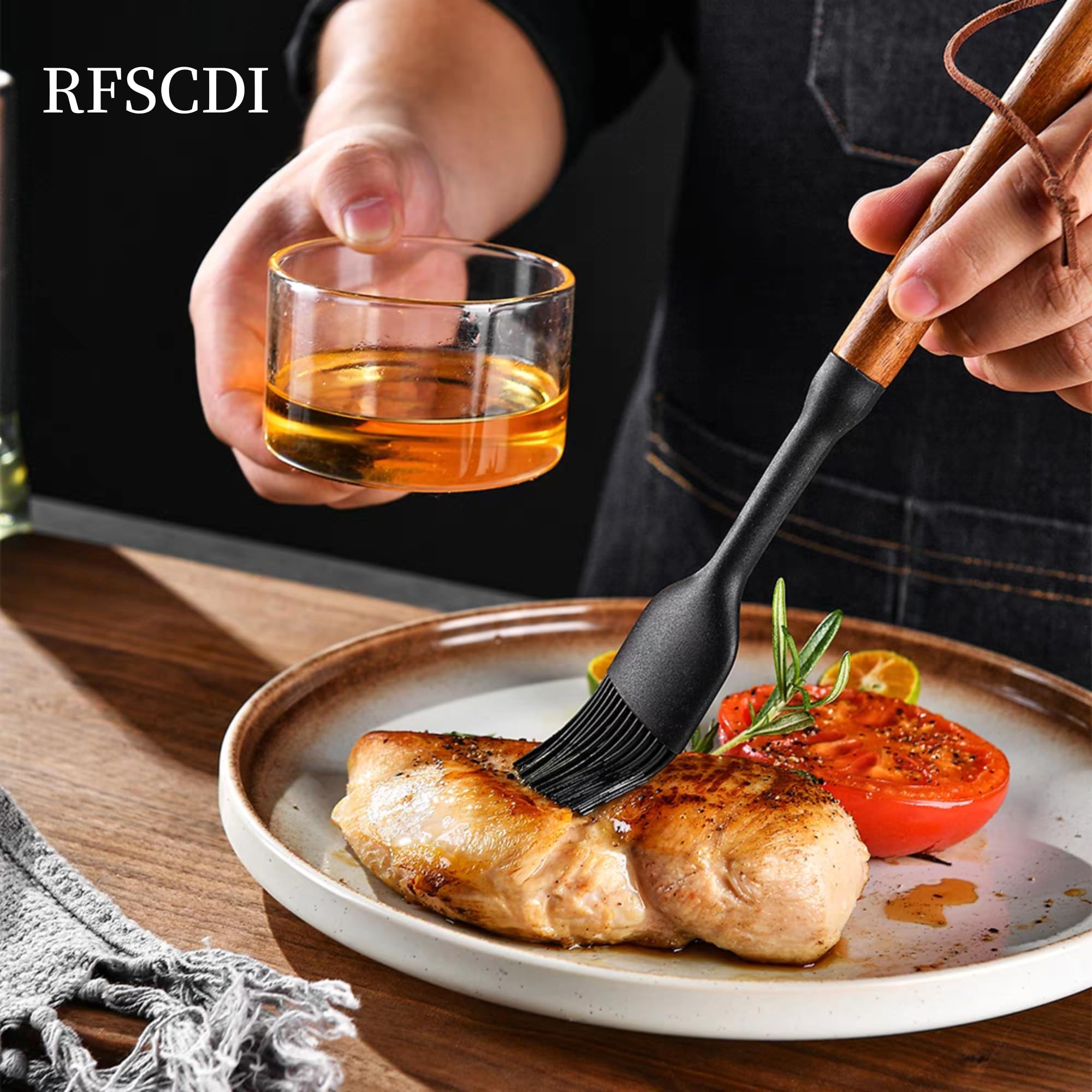 Squisito set di utensili da cucina in silicone, atossici, resistenti al calore, con manici in silicone per uso alimentare e legno, include spatola e cucchiaio per pentole antiaderenti, nero