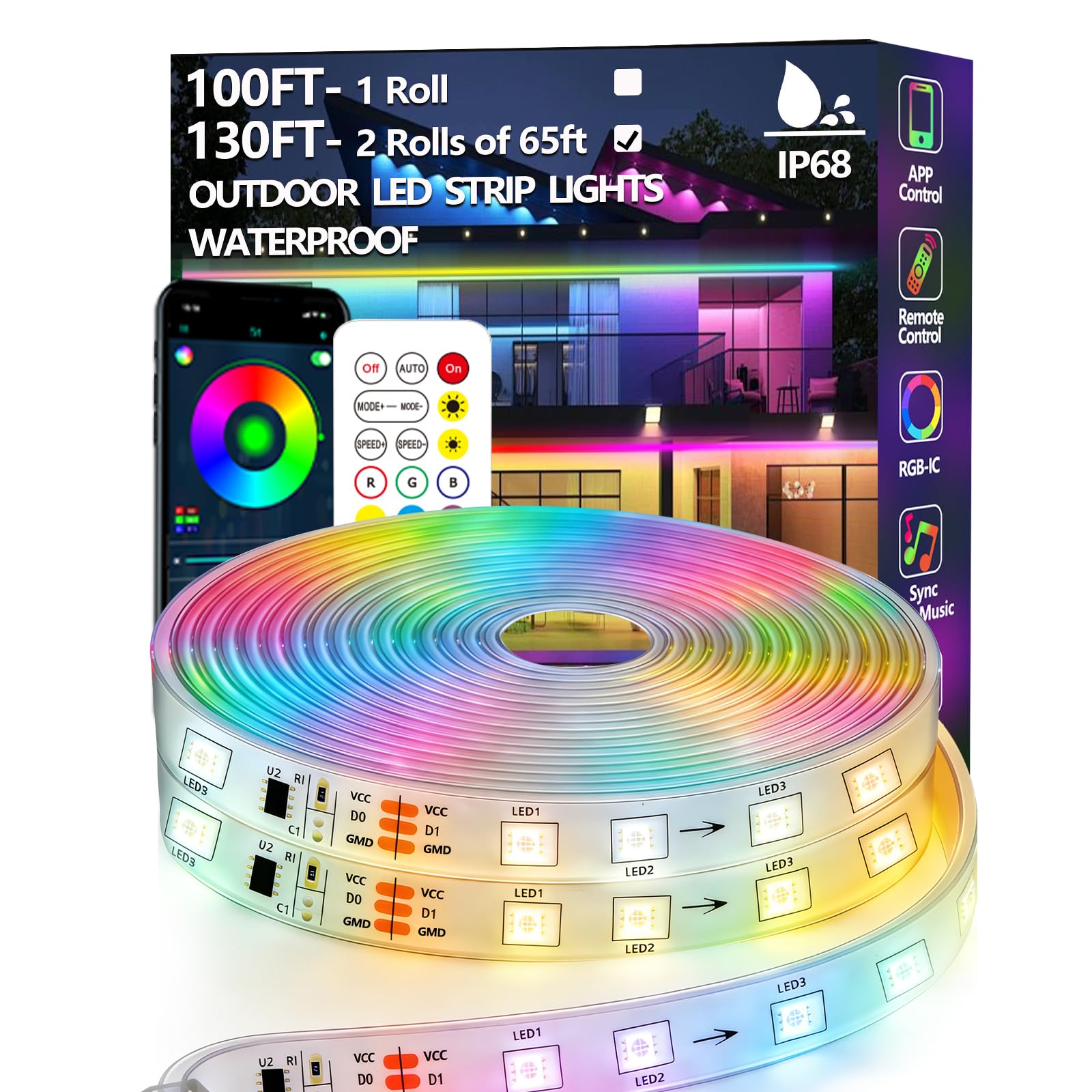 40m (2 Rolls 20m) RGB+IC LED Streifen,Außenbereich IP68 Wasserdicht,Steuerung mit App/Fernbedienung,Bluetooth Musik Sync Seillicht für Balkone,errassen,Dächer,Gärten,Schwimmbäder