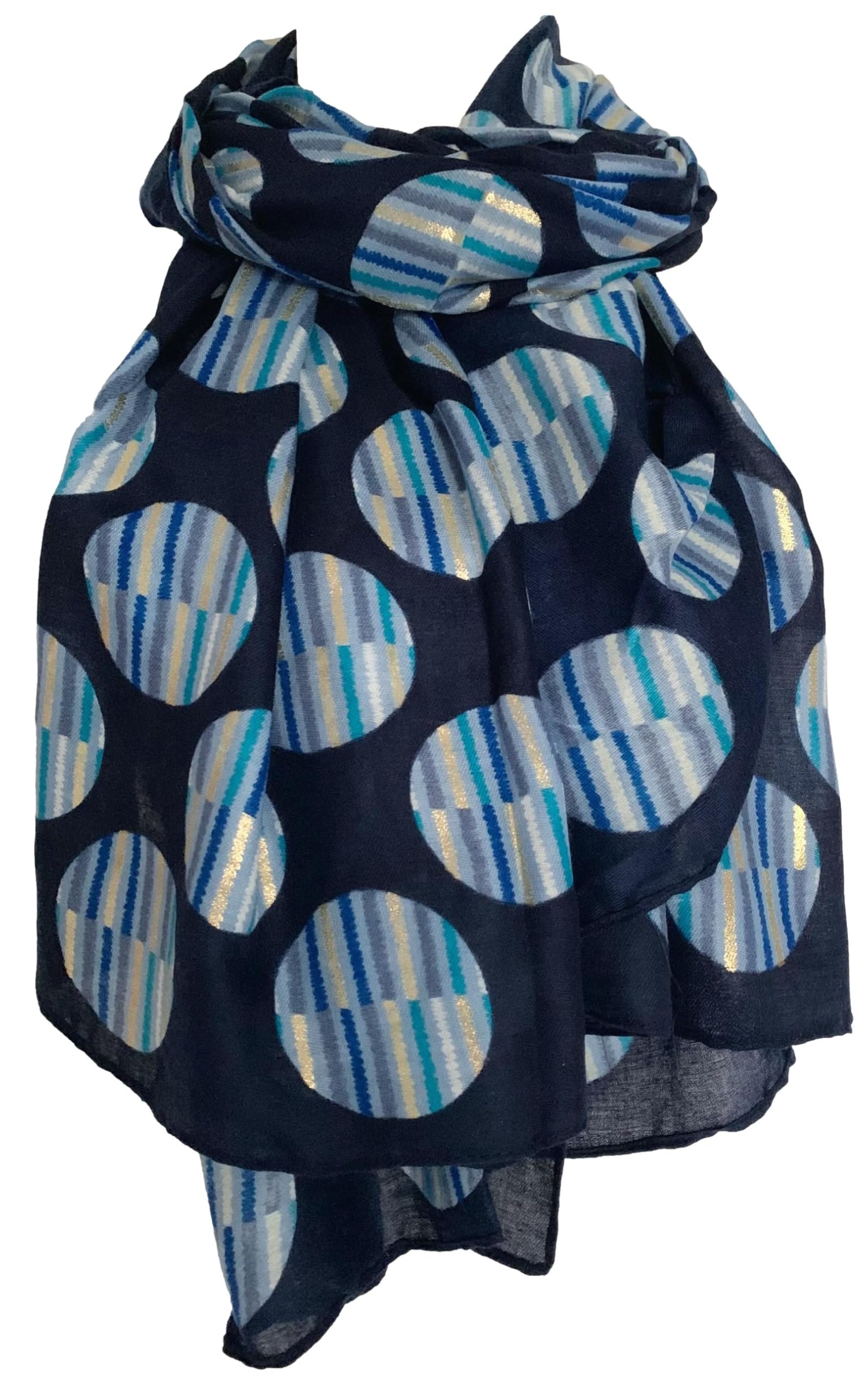 Purple Possum Women's Navy Blue, Blue, Navy, Dark Blue Purple Possum® Blue Scarf Circles Pattern Large Spotted Lightweight Wrap In Navy Blue Turquoise And Gold Scarves