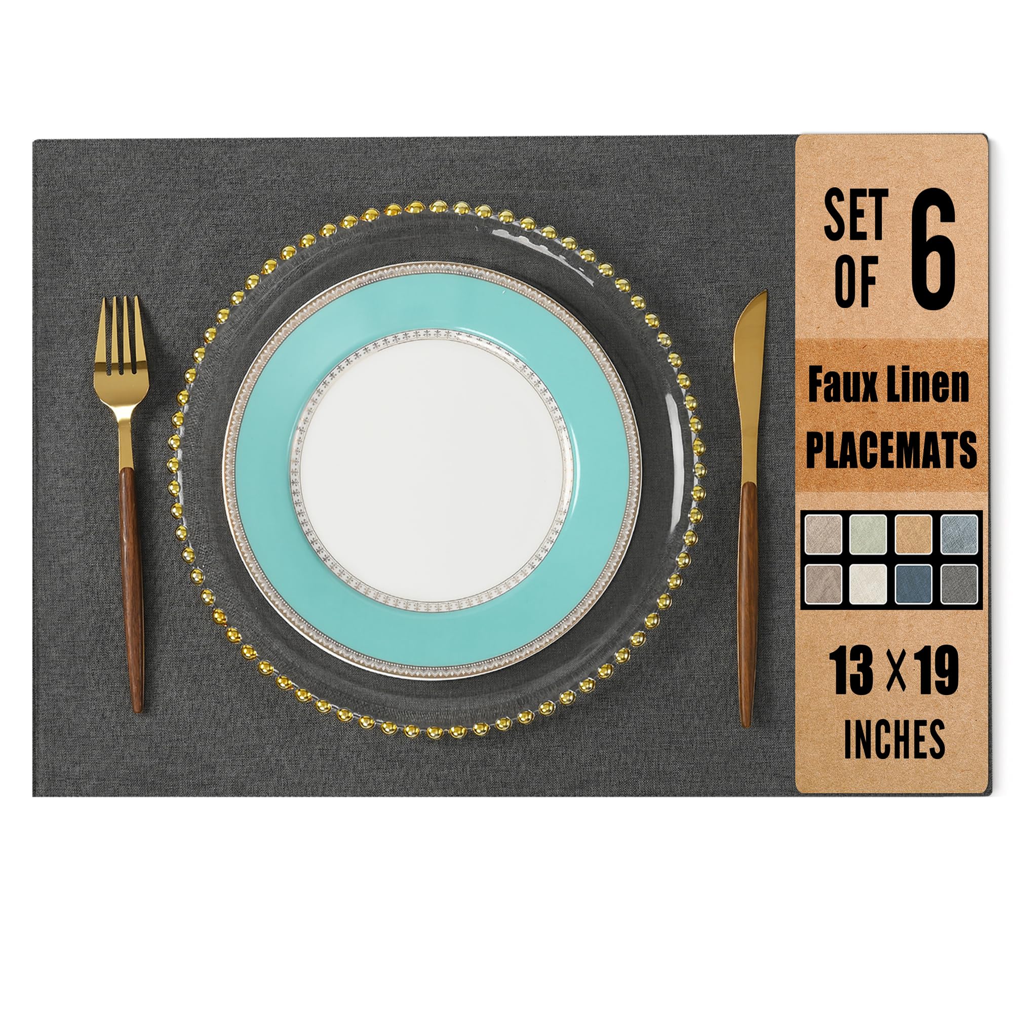 UnivoColors Set of 6 Faux Linen Placemats, Heat-Resistant & Easy-to-Clean,13"x19"for Dining Table, Kitchen, Holiday Meals (Dark Grey)
