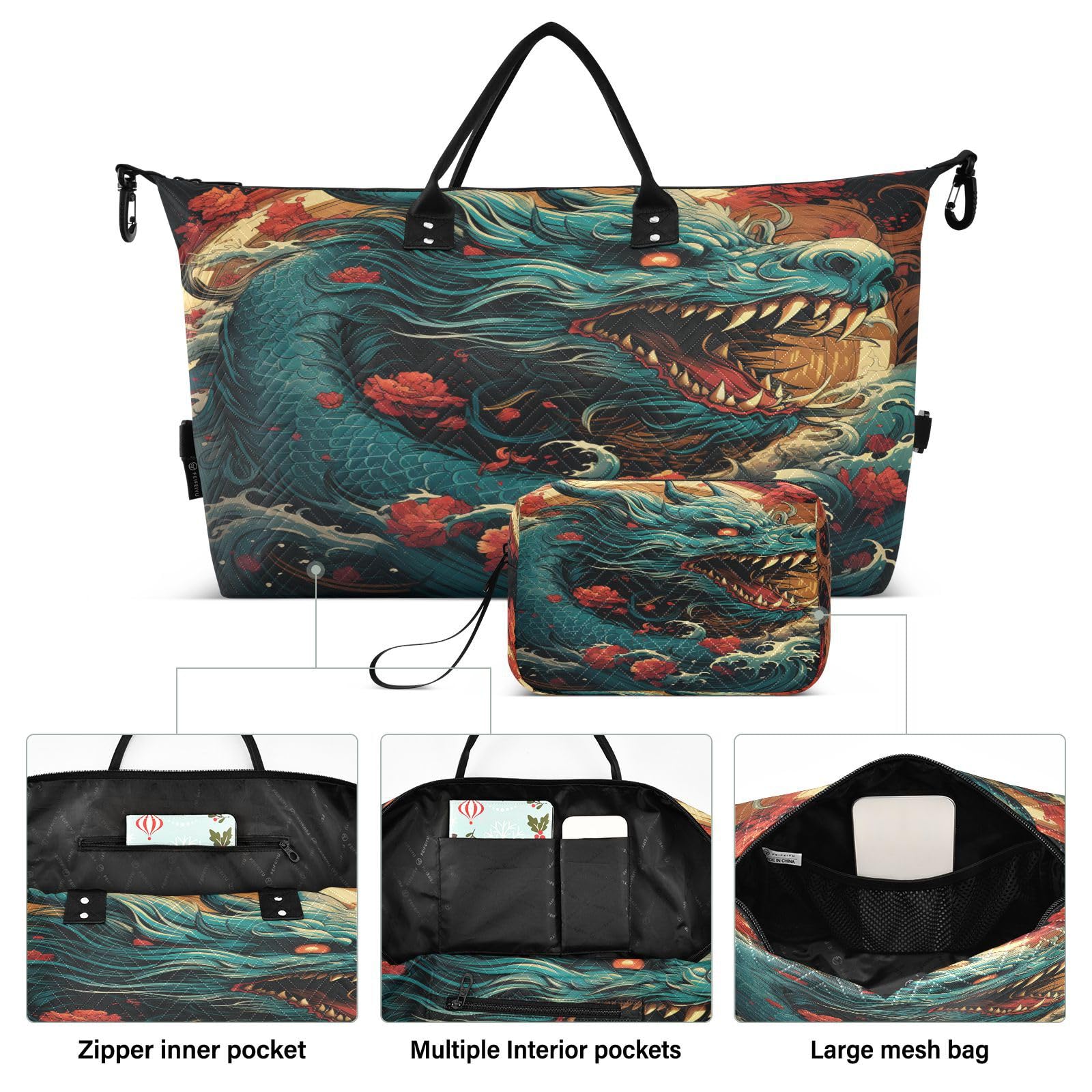 Cool Dragon Moon Sports Swim Gym Bag Weekender Duffel Travel Bags Handbag with Makeup Storage Bag for Girls Men