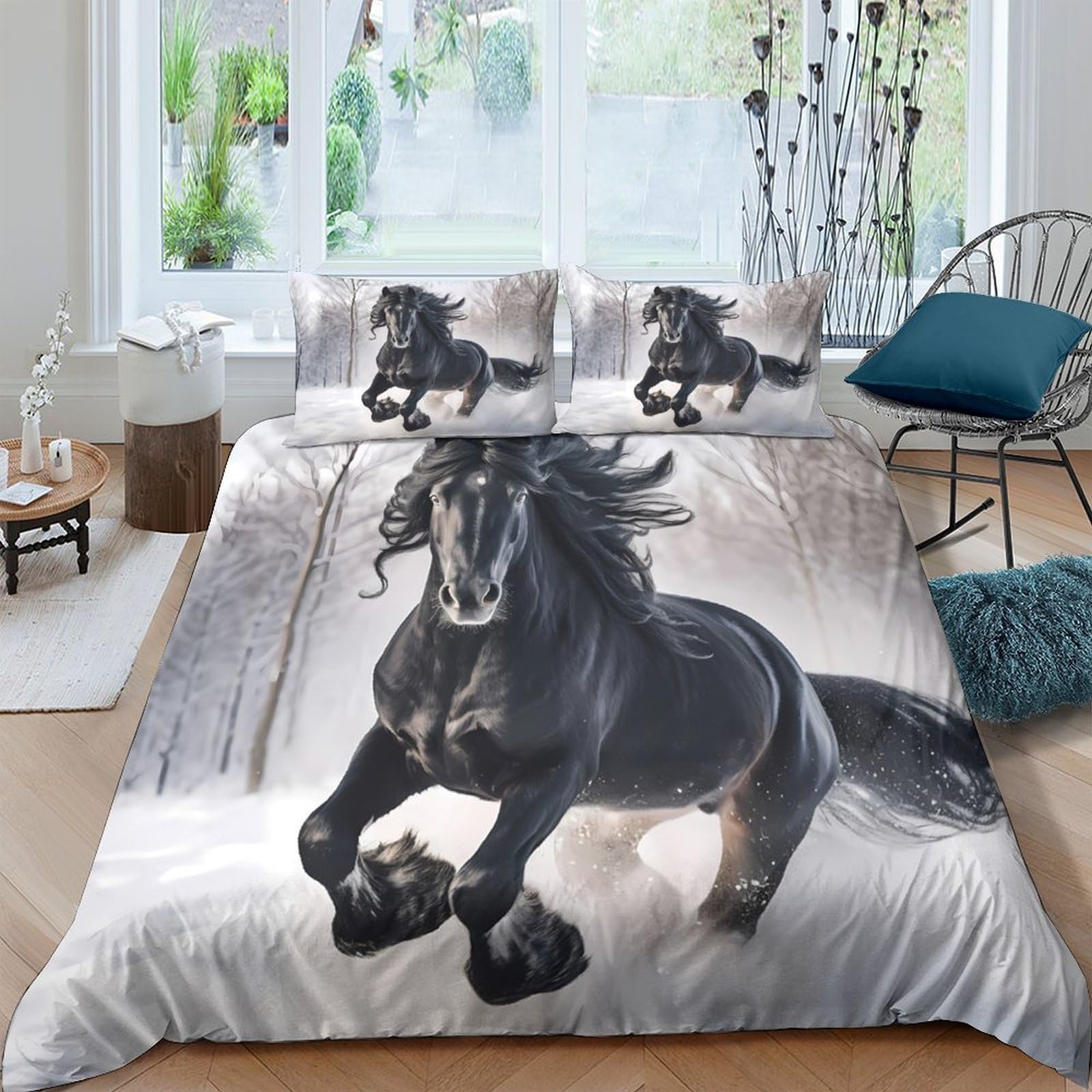 Ctjqhvkz Style-10 3D Printed Black Horse Fitted Sheet Microfiber Soft Bed Cover Running Stallion Mattress Cover Bedroom Decor Single（135X200cm）