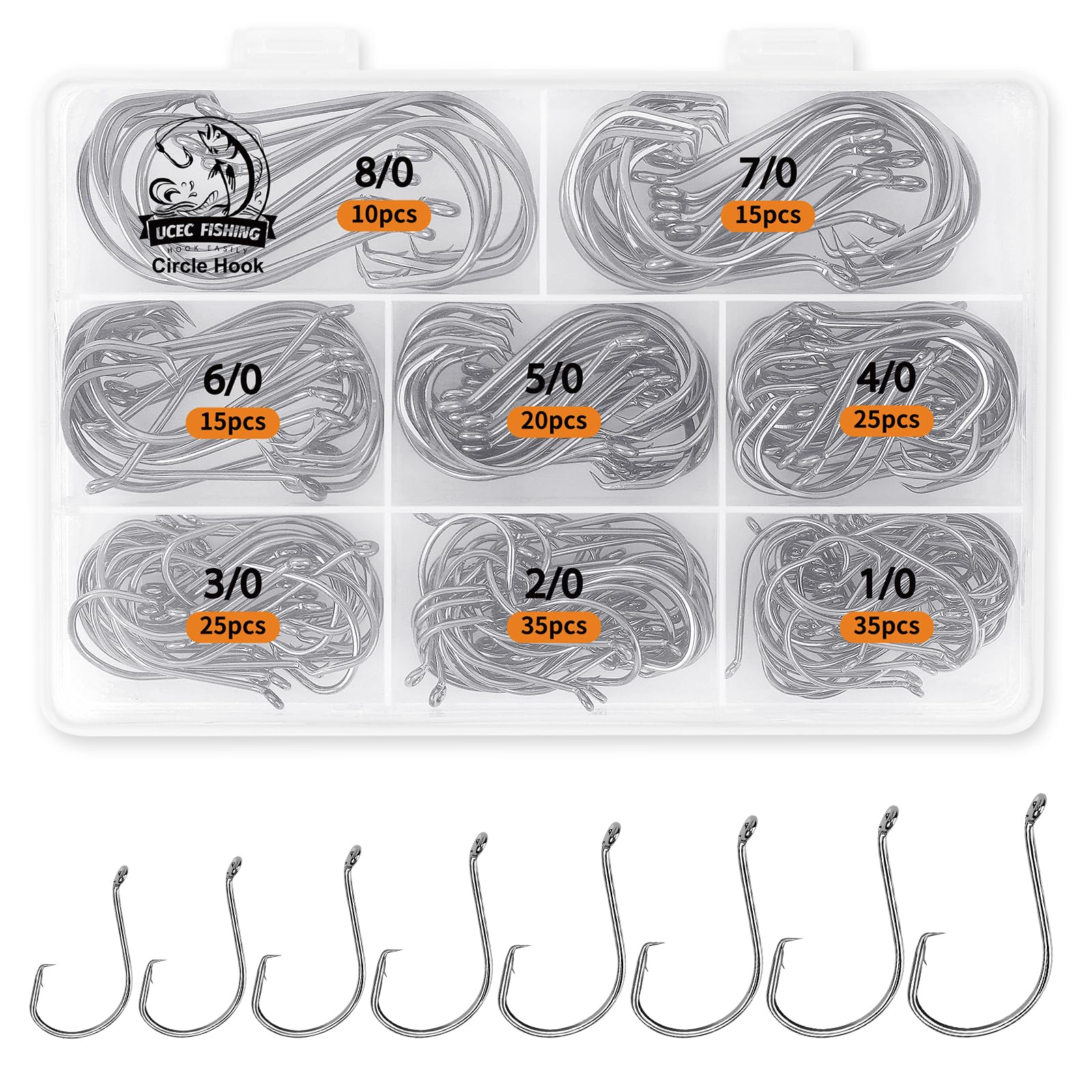 UCEC 180PCS Catfish Circle Hooks Saltwater, 2X Strong Offset Fishing Tackle Circle Fishing Hooks Saltwater Catfish Gear Fish Hook Set Size: 1/0 2/0 3/0 4/0 5/0 6/0 7/0 8/0