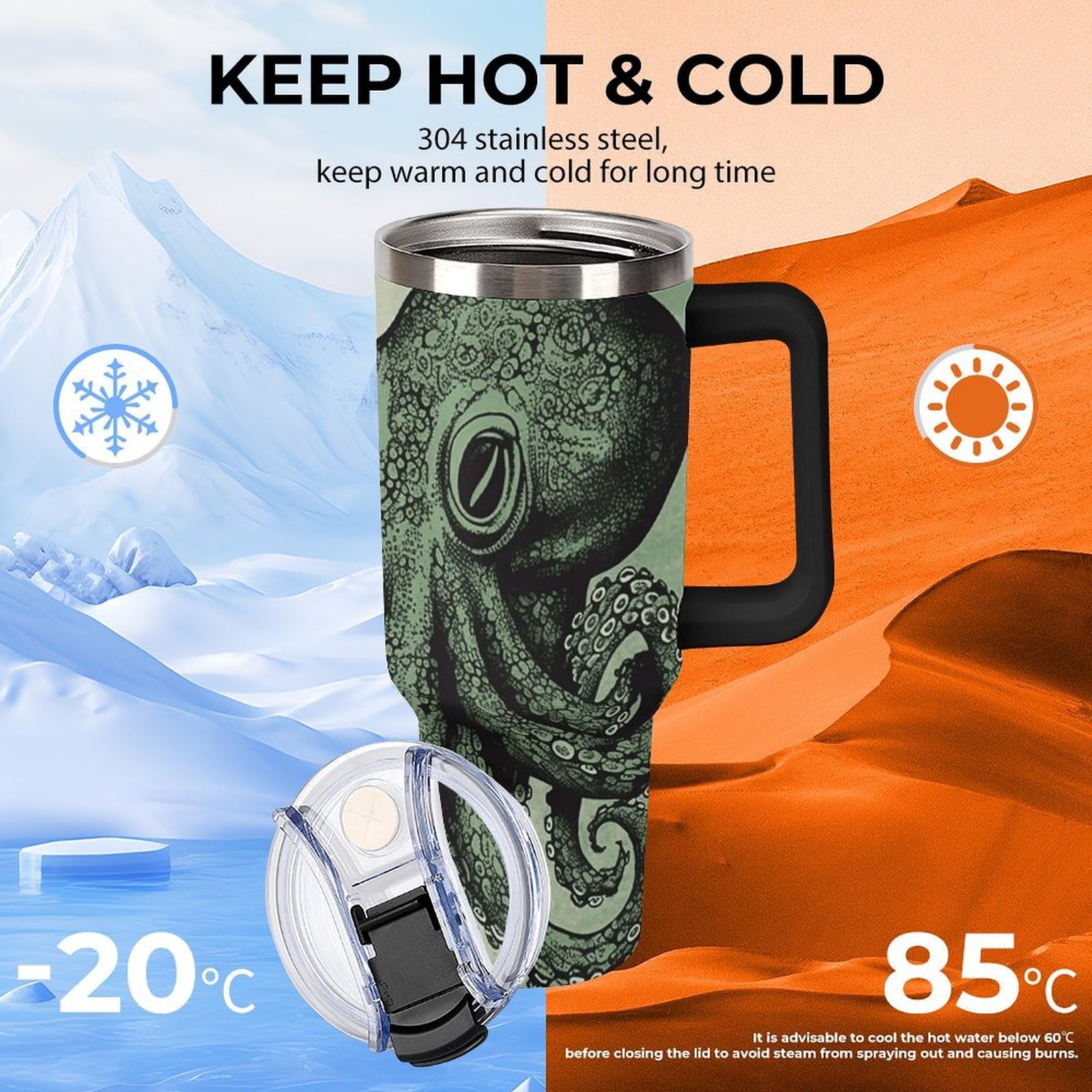 Autobecher aus 304 Edelstahl, 1,2 l, grüner Oktopus-Becher mit Strohhalm und auslaufsicherem Deckel, großes Fassungsvermögen, vakuumisolierter Reisebecher für Auto-Becherhalter