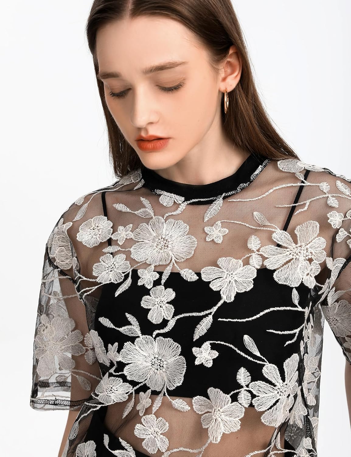Wyeysyt Lace Tops for Women Mesh Top Short Sleeve Floral Embroidered Sheer Blouse See Through Lace Layering Shirts - Image 3