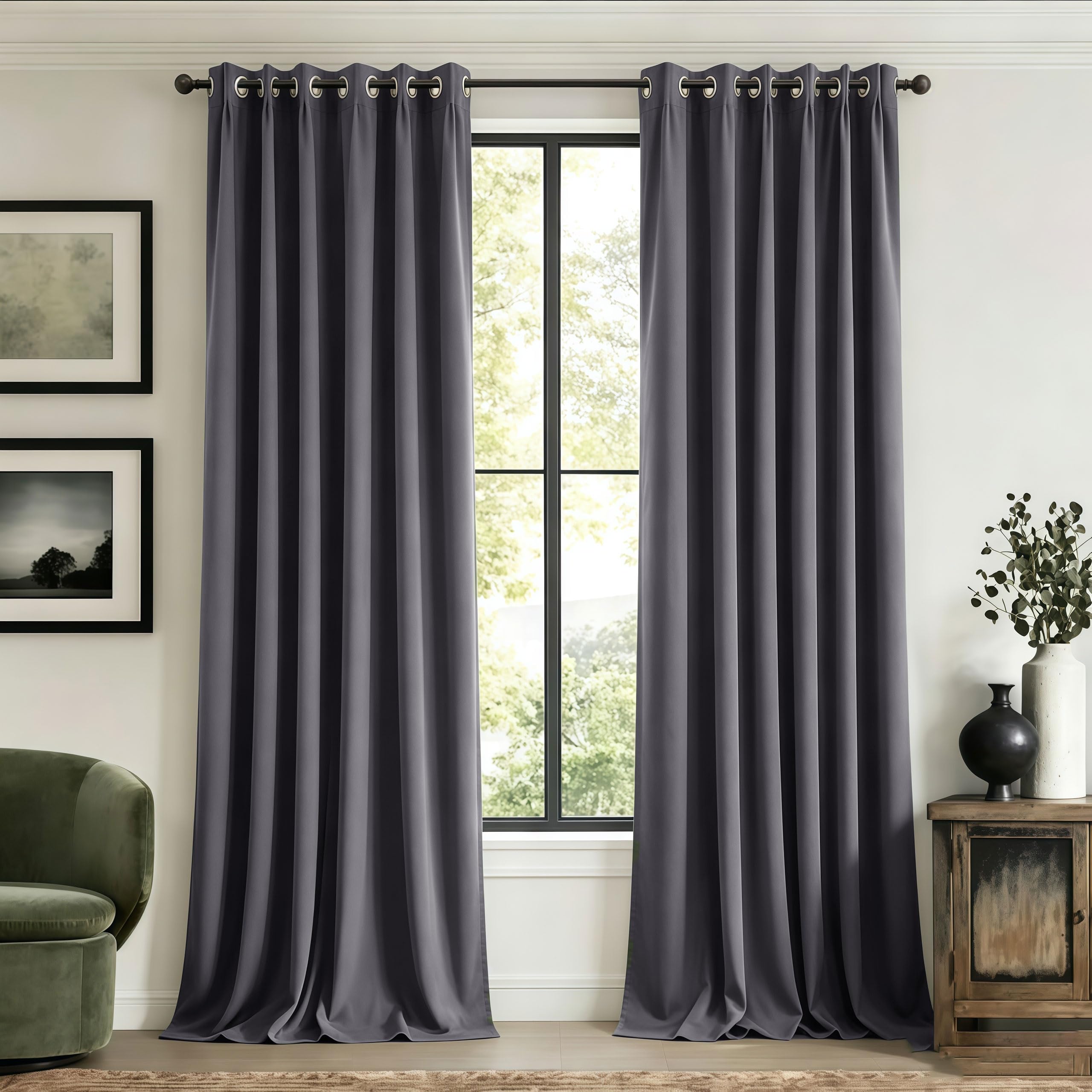 LIUJYUAN Black Out Curtain 210 x 220 cm Windproof, Rod Pocket, Room Darkening Eyelet Curtain, Window Insulated Soundproof for Balcony, Kithcen Window, Dark Grey