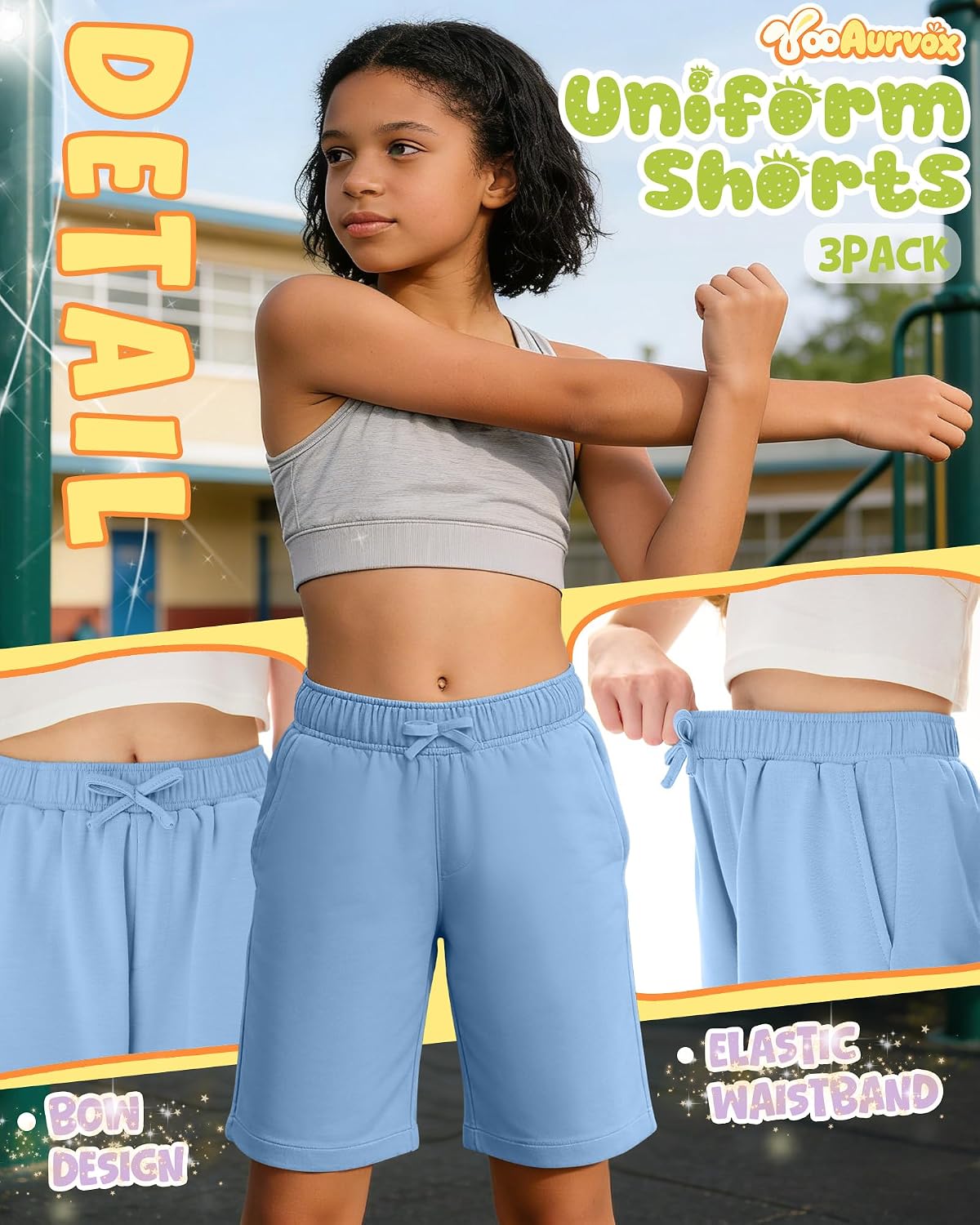 3 Pack Girls' Bermuda Shorts Elastic Waistband Athletic Long Shorts Kids Knee Length Summer SweatShorts 5-14 Y