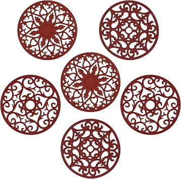 Silicone Trivets Mats for Hot Pots and Pans, Multi Purpose Trivets Mat -Heat Resistant Silicone Trivet Intricately Carved Hot Pads Set of 6 E Style 1-Red