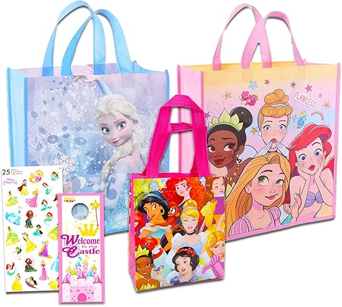 Disney Juego de bolsas de princesa – Paquete de 2 bolsas grandes y 1 mini reutilizables de princesa con calcomanías de princesa Disney | Suministros