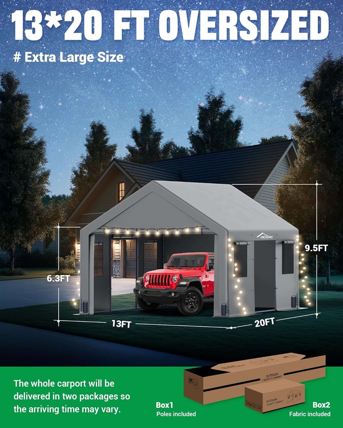 Acepic Upgraded 13x20 Heavy Duty Carport，Features Roll-up Windows & Doors, Portable Garage with UV Resistant Waterproof All-Season Tarp for Car, Truck, Boat
