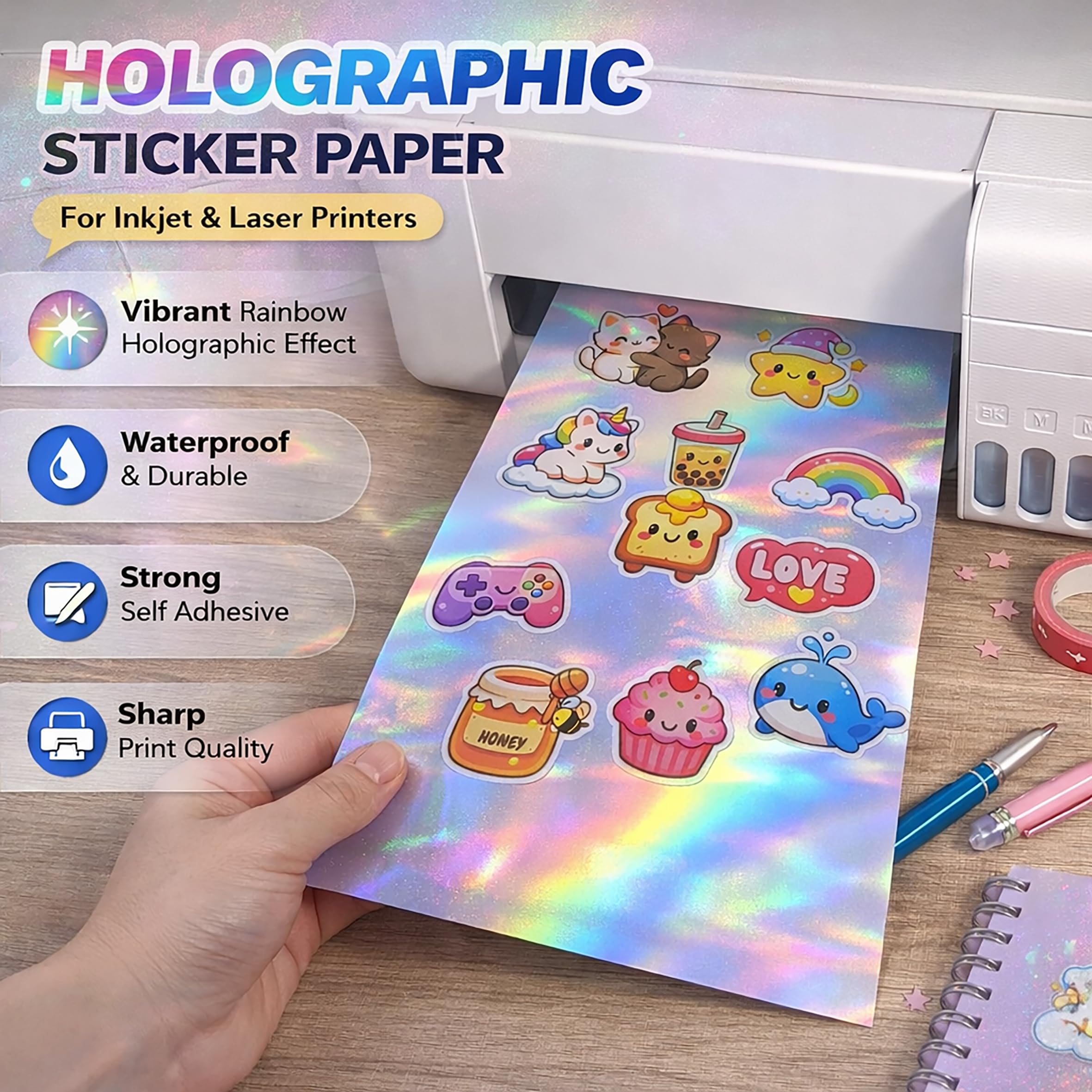 100 arkuszy holograficznego papieru do drukowania 21,5 x 28 cm wodoodporna naklejka papierowa tęczowa winylowa naklejka papier do drukarki atramentowej/laserowej