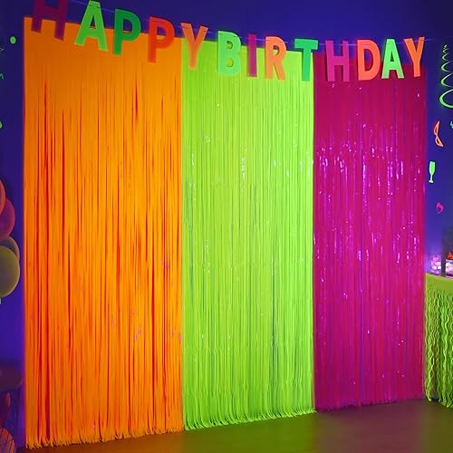 Mega-L - Suministros de fiesta que brillan en la oscuridad, paquete de 3 decoraciones de fiesta de neón de 9.9 x 6.6 pies, cortinas de flecos