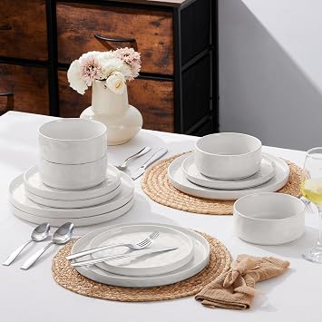 Herogo Stoneware Dinner Set for 4 People, Plates and Bowls, Speckled White | 12 Piece Reactive Glaze Dinnerware for Home Dining, Microwave and Dishwasher Safe, Chip and Scratch Resistant, Ripple Surface