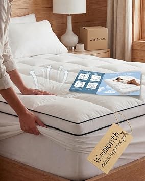 WestMonth Premium Quilted 1000GSM Luxury Extra Thick Mattress Topper with Deep Pocket 8-21" - Breathable & Fluffy Soft Cooling Bed Cover - Fits Standard Mattresses Perfectly White, Queen