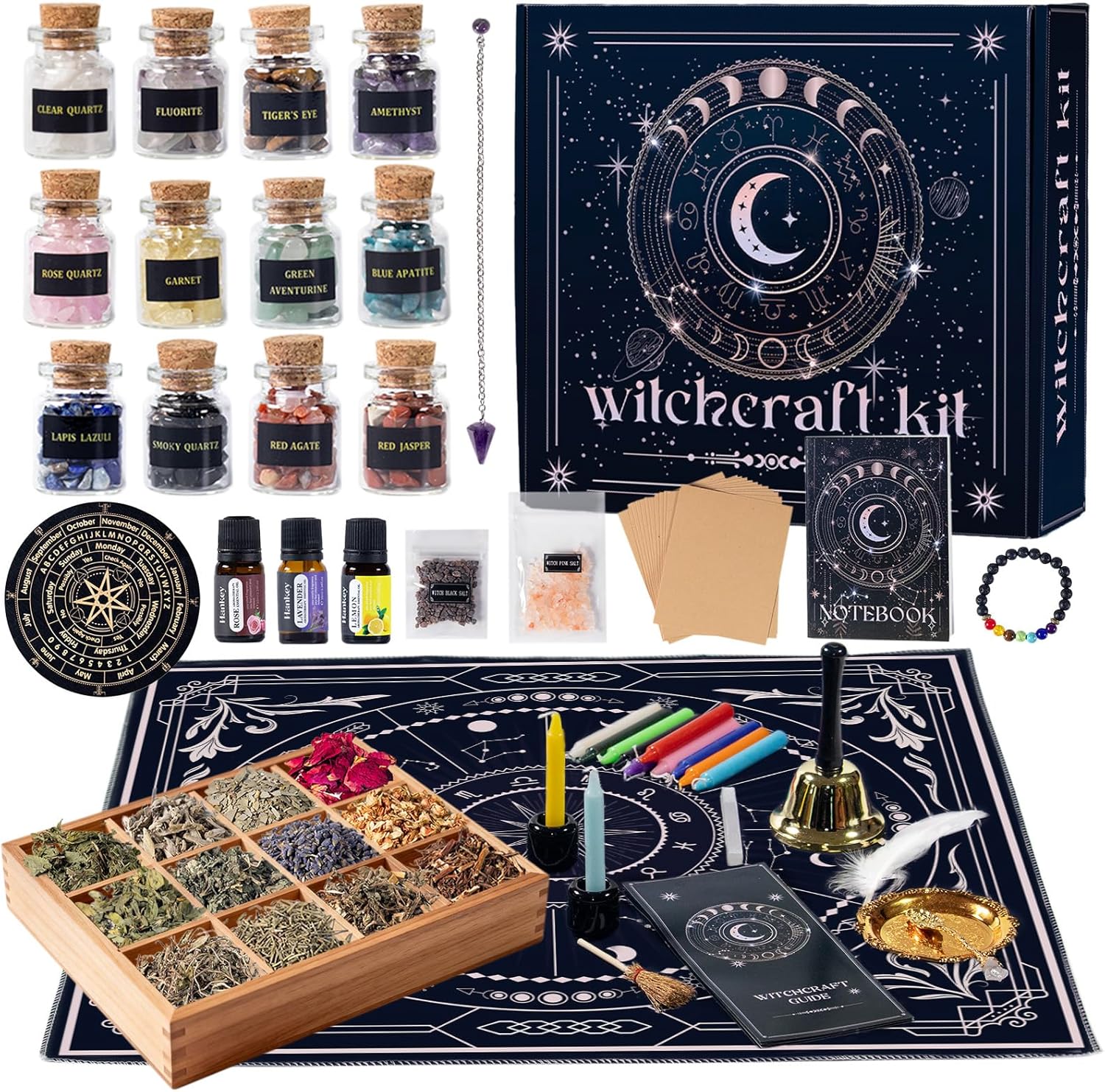 Witchcraft Kit, 67pcs Witchcraft Supplies Include Spell Candles Dried Herb Crystal Parchment, Witchy Gifts for Women, Wiccan Supplies and Tools for Beginners. (AA)