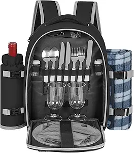 Picnic Backpack for 2 with Insulated Cooler, Cutlery, Wine Holder, Blanket - Perfect for Beach, Camping, Hiking