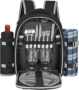 Picnic Backpack for 2 Persons with Insulated Cooler, Cutlery, Wine Holder, Fleece Blanket