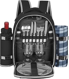 Picnic Backpack for 2 Persons with Insulated Leakproof Cooler Compartment, Cutlery Sets, Wine Holder, Fleece Blanket, Wedding Gifts for Couples, Perfect for Beach, Camping, Hiking, Black