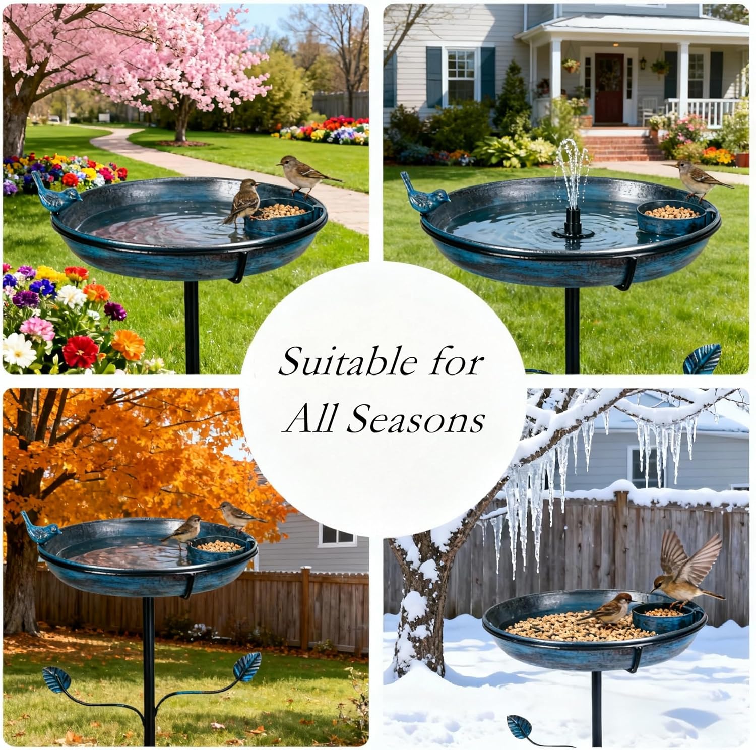 Metal Bird Bath for Outside with Bird Decor,51.6" Adjustable Height,Freestanding Birdbaths & Birdfeeder for Outdoors Garden Patio Yard Lawn Decor, 4-Pronged Base,Vintage Blue