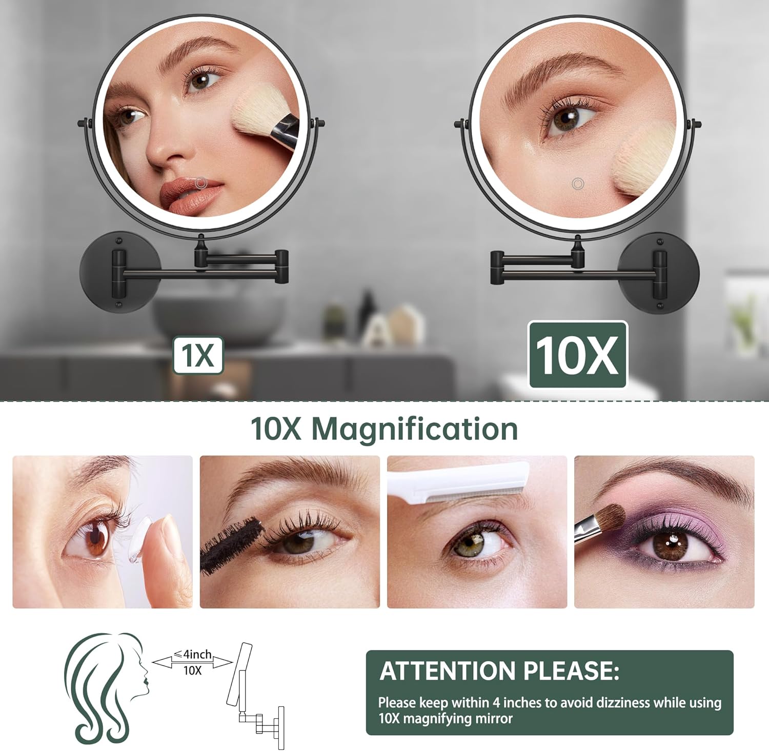 Hasipu 10-Inch Wall Mounted Makeup Mirror with Magnification, Rechargeable 3000 mAh Vanity Mirror with Lights, Bathroom Mirror with Dimmable Brightness, 3 Lighting Modes, Extendable Arm, Black