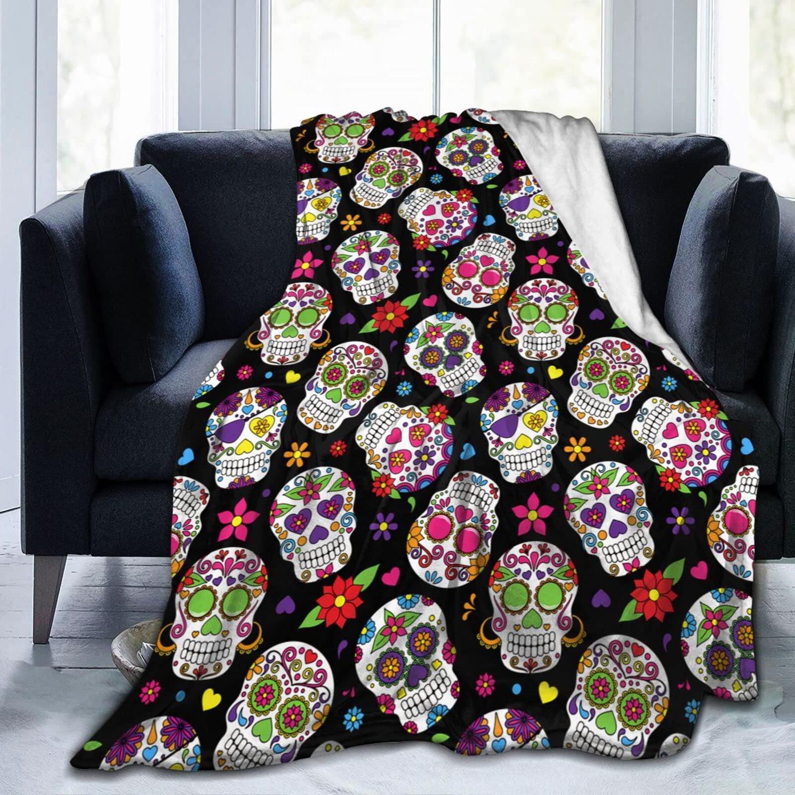 Lsjuee Flower Sugar Skull Blanket Halloween Throw Blankets Home Decor Funny Skeleton for Women Men Cozy Flannel Bed Blanket 80"X60"