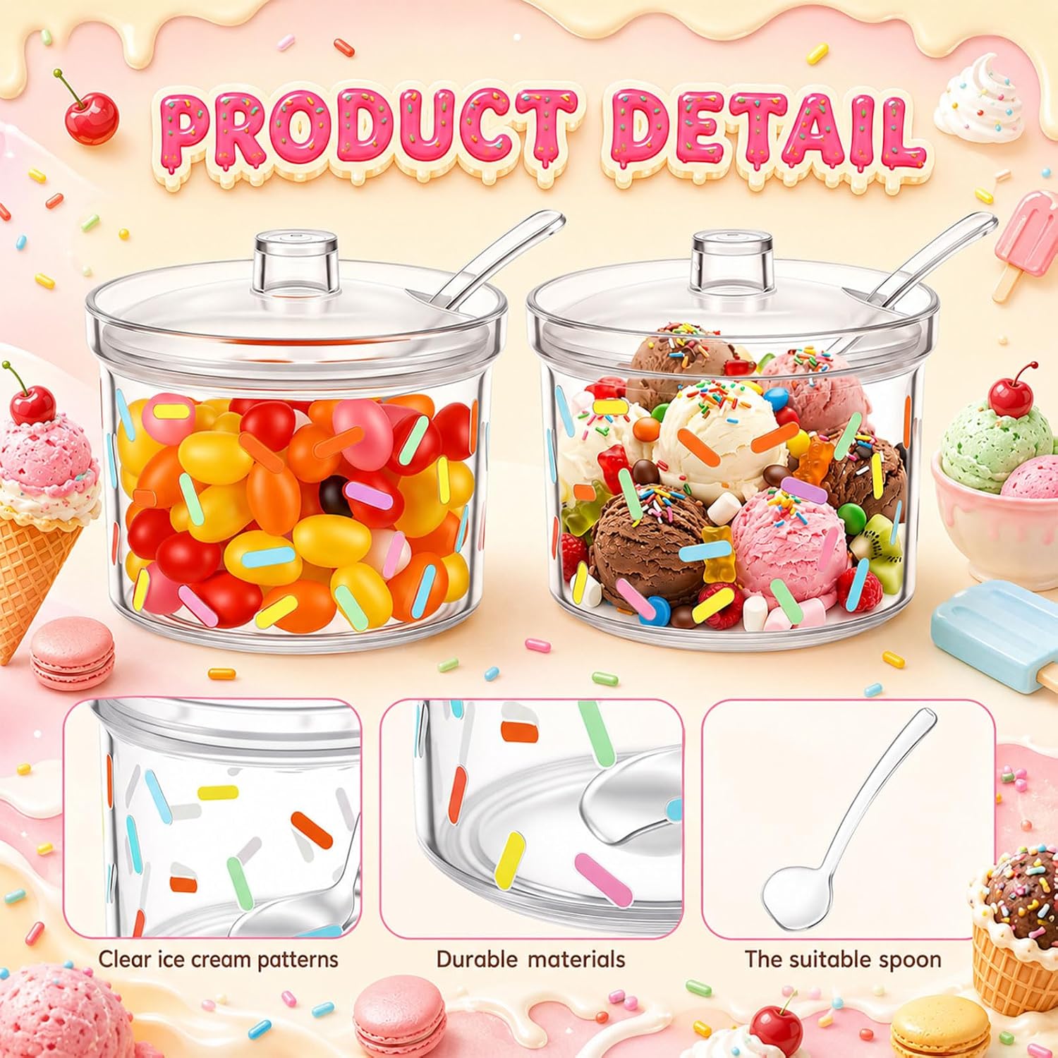 Domensi 6 Pcs Ice Cream Toppings Bar Kit Acrylic Ice Cream Topping Containers Clear Seasoning Box Spice Bowls with Lid and Spoon for IceCream Bar Supplies Chocolate Chips Fruits Storage Containers