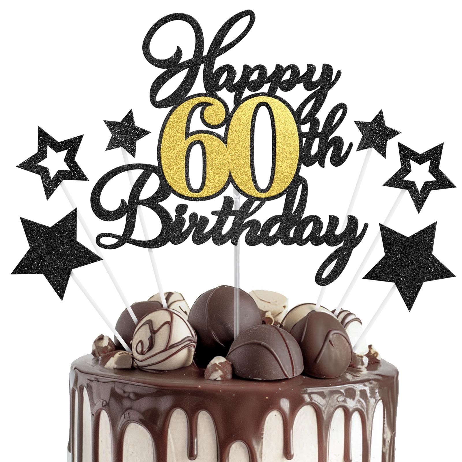 Happy 60th Birthday Cake Toppers, Black Gold Glitter Cake Decorations Set, 60th Birthday Decor for Men Women, Birthday Anniversary Party Decorations