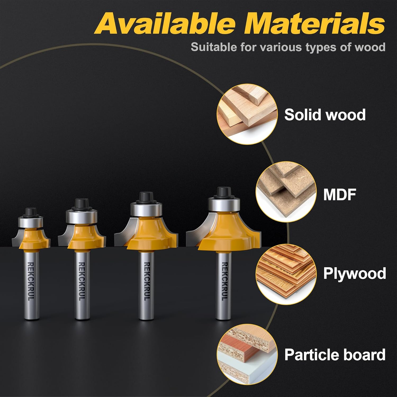 4-Piece Roundover Router Bit Set - 1/4" Shank, Carbide Inserts for Woodworking, Rounding Edges Bits: 1/8", 3/16", 1/4", 5/16" Radius