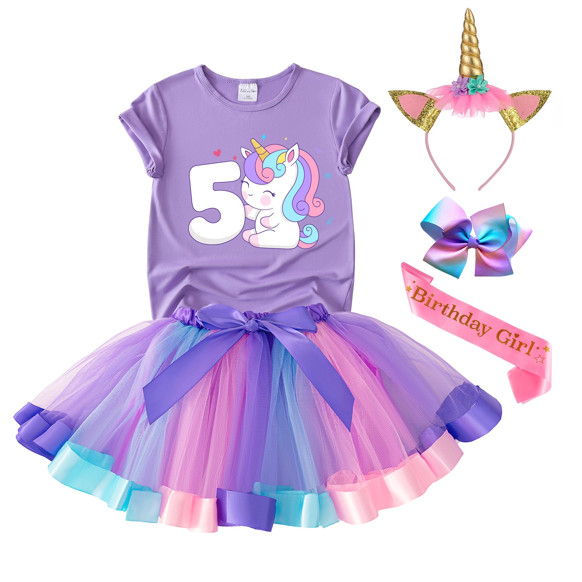 Amazon.com: Tutu and Sian Unicorn Birthday Outfit for Girls - Shirt, Tutu  Skirt Dress, Birthday Girl Crown, Hair Bow & Satin Sash (Purple 5Y, 4-5  Years) : Clothing, Shoes & Jewelry