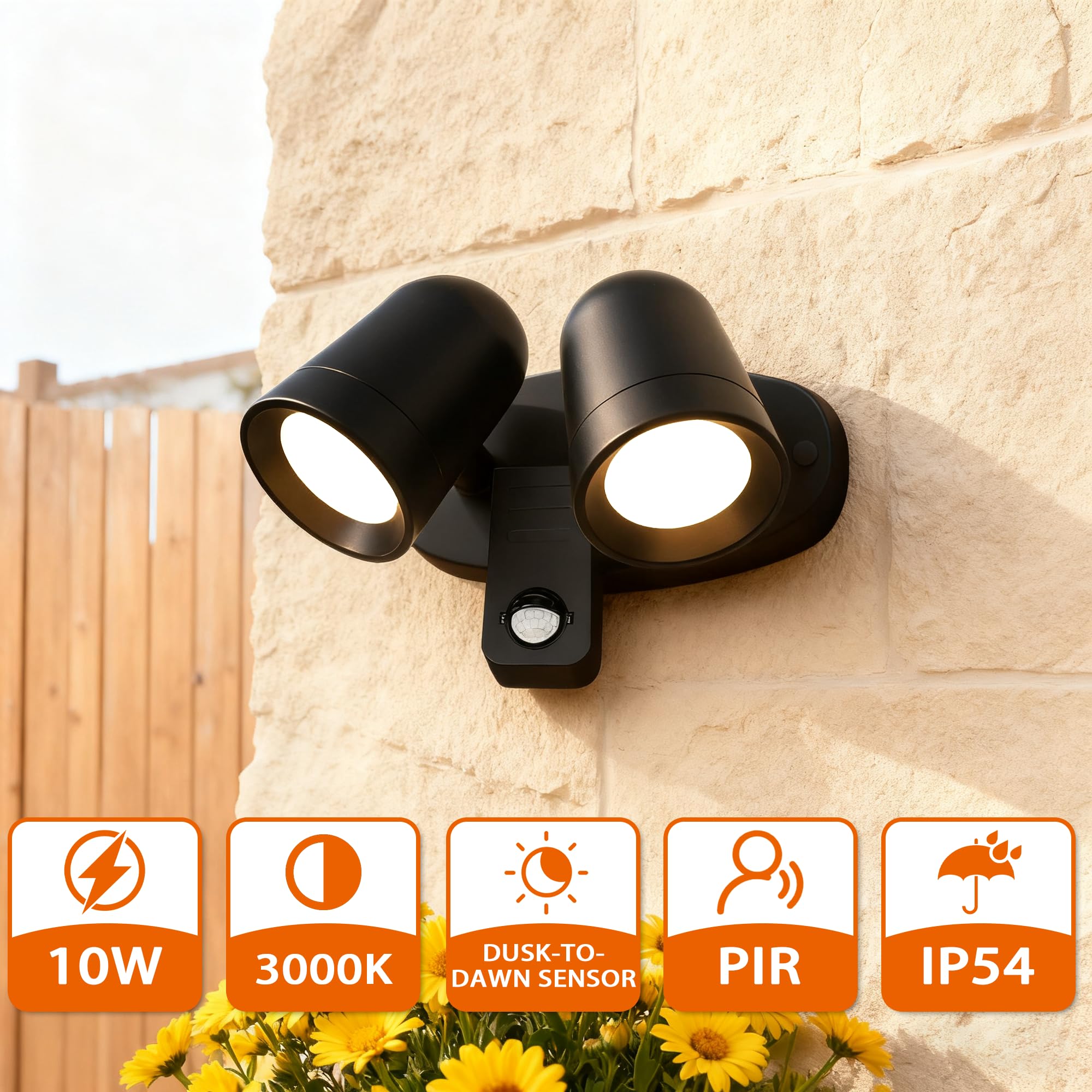 JNR Lampa zewnętrzna LED z czujnikiem ruchu PIR, IP54, wodoszczelna lampa zewnętrzna z czujnikiem ruchu 230 V, podwójny reflektor obracany o 330°, lampa zewnętrzna w zestawie 2 x 5 W GU10 3000 K