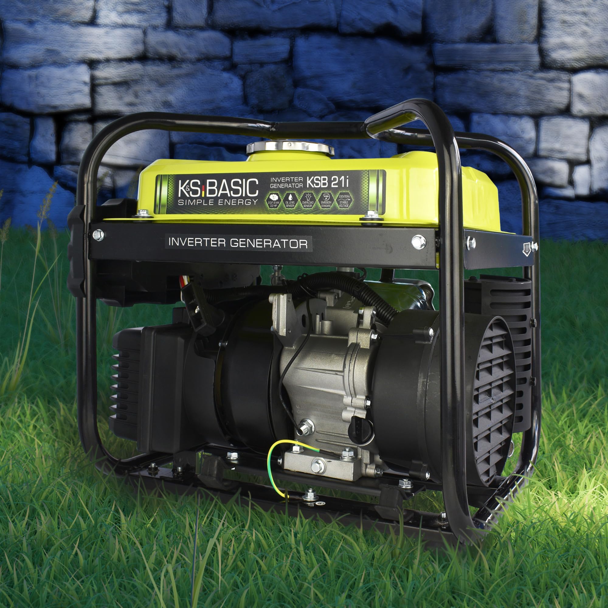 K&S Basic KSB 21i - Generatore di corrente a benzina a 4 tempi, 2,9 CV, con regolatore di tensione automatico, protezione contro la mancanza di olio, norma di scarico EURO V, 2000 W, 2 x 16 A (230 V)
