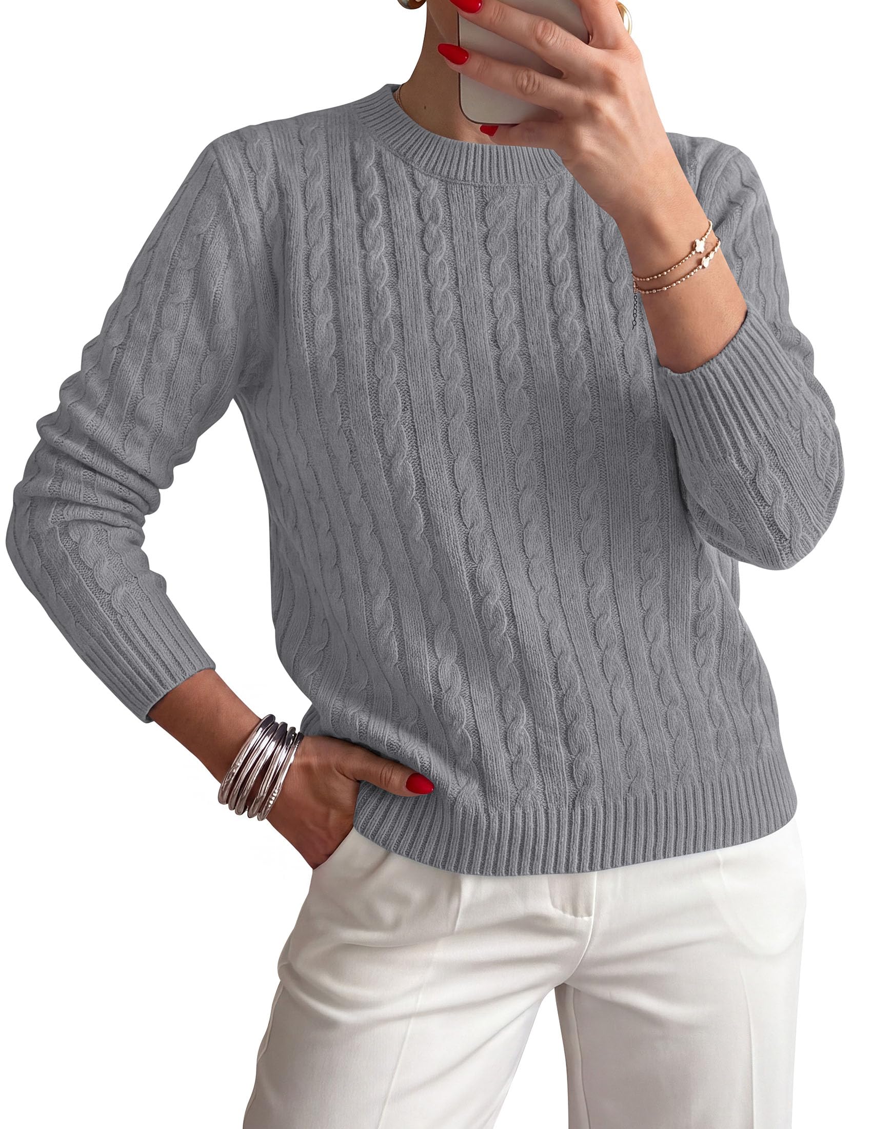PRETTYGARDEN Womens Cable Knit Crewneck Fall Sweater Long Sleeve Tops
