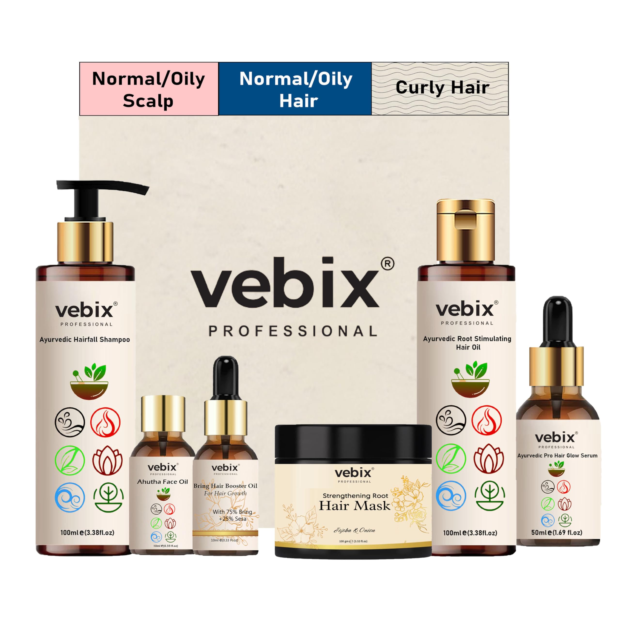 VebixProfessional Customized Regimen -Full Kit- Lotus AntiHairfall Shampoo & Neem Oil + Hair Glow Serum + Onion Hair Mask + Hair Booster Serum & Kumkuma Face Brightening Oil -10.82 Fl.oz (Normal Hair)