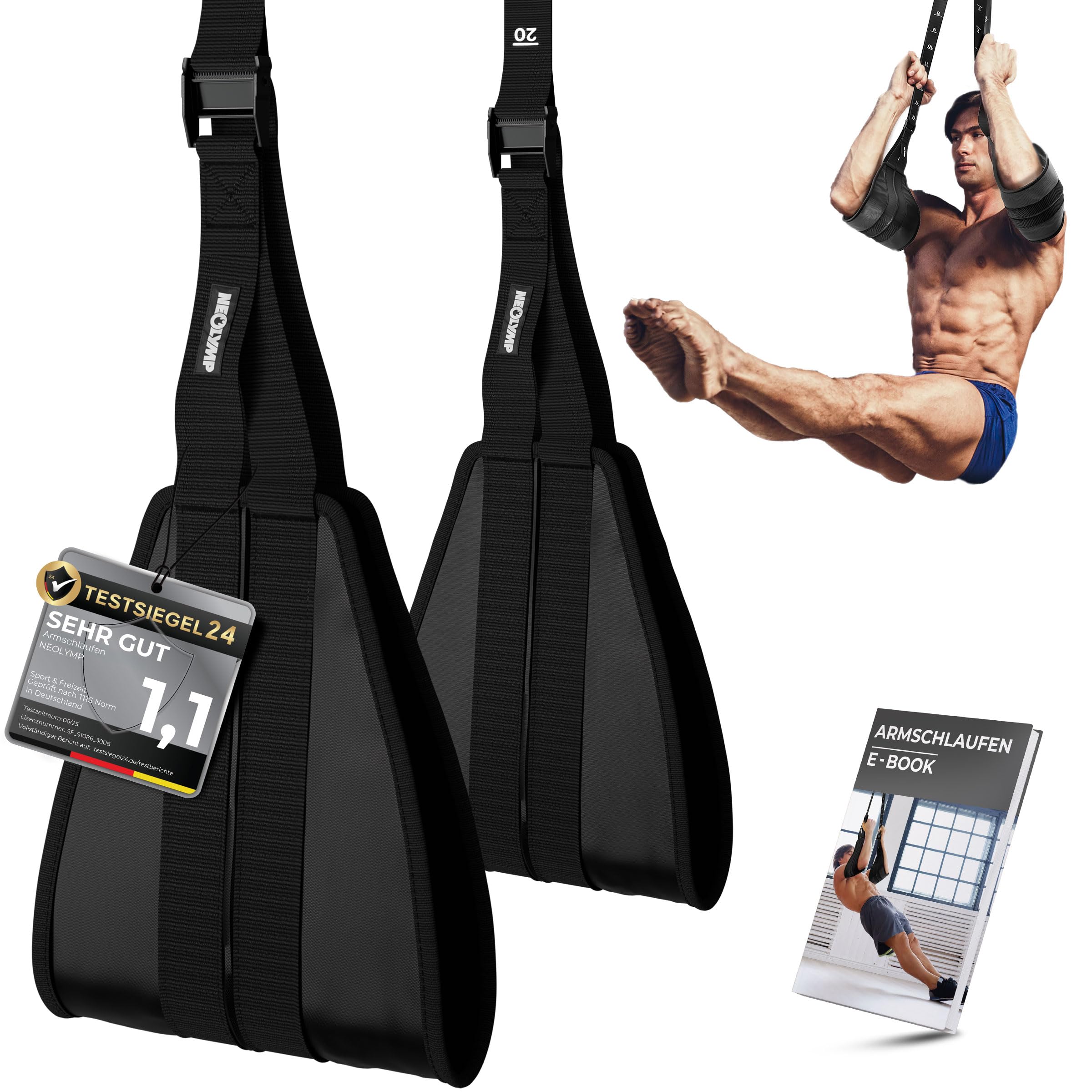 NEOLYMP Bauchmuskelschlaufen - Premium Armschlaufen mit Edelstahl-Haken, gepolstert & höhenverstellbar, Bauch Trainingsgerät bis 250 kg belastbar – Ab Straps
