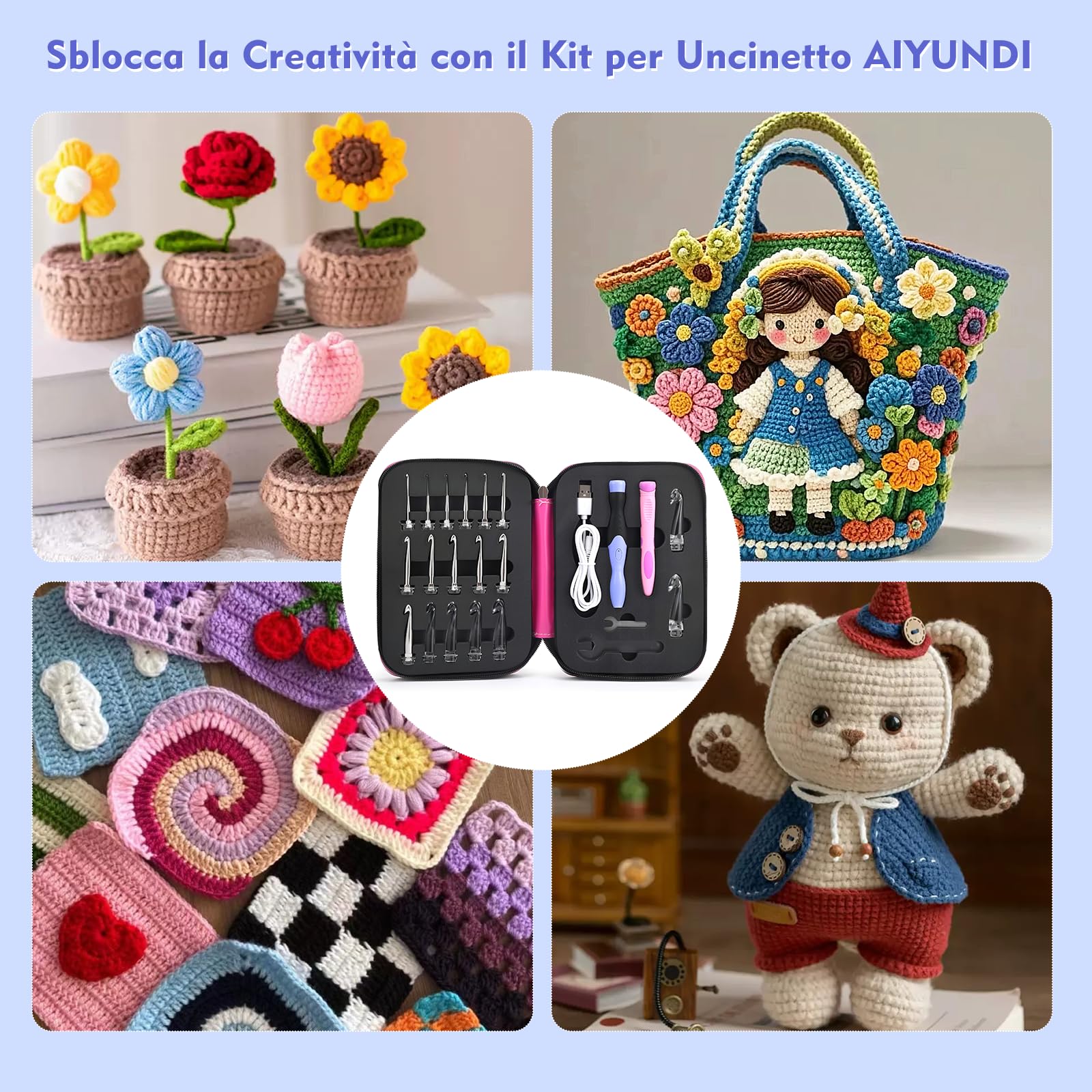 AIYUNDI Set di Uncinetti 18 in 1 con Luce a LED, Uncinetti Ergonomici con Manico di Ricambio e Custodia,per Uncinetto e Lavoro a Maglia,Kit Uncinetto Principianti ed Esperti (2,0-14,0mm)