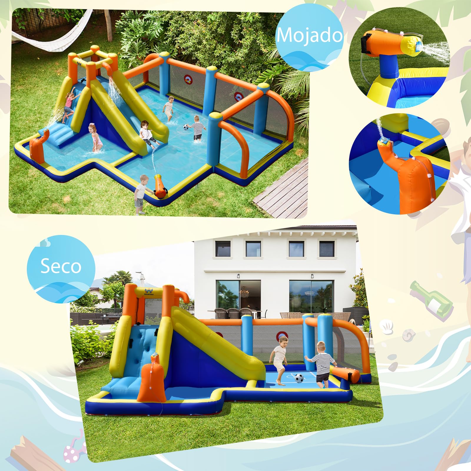 GOPLUS Castillo Hinchable Acuatico para Niños de 3-12 Años, Castillo Inflable Infantil Exterior, Cosido de Material Extra Rueso, Tobogán Acuatico, Pared de Escalada, Piscina, Zona Fútbol, Soplador