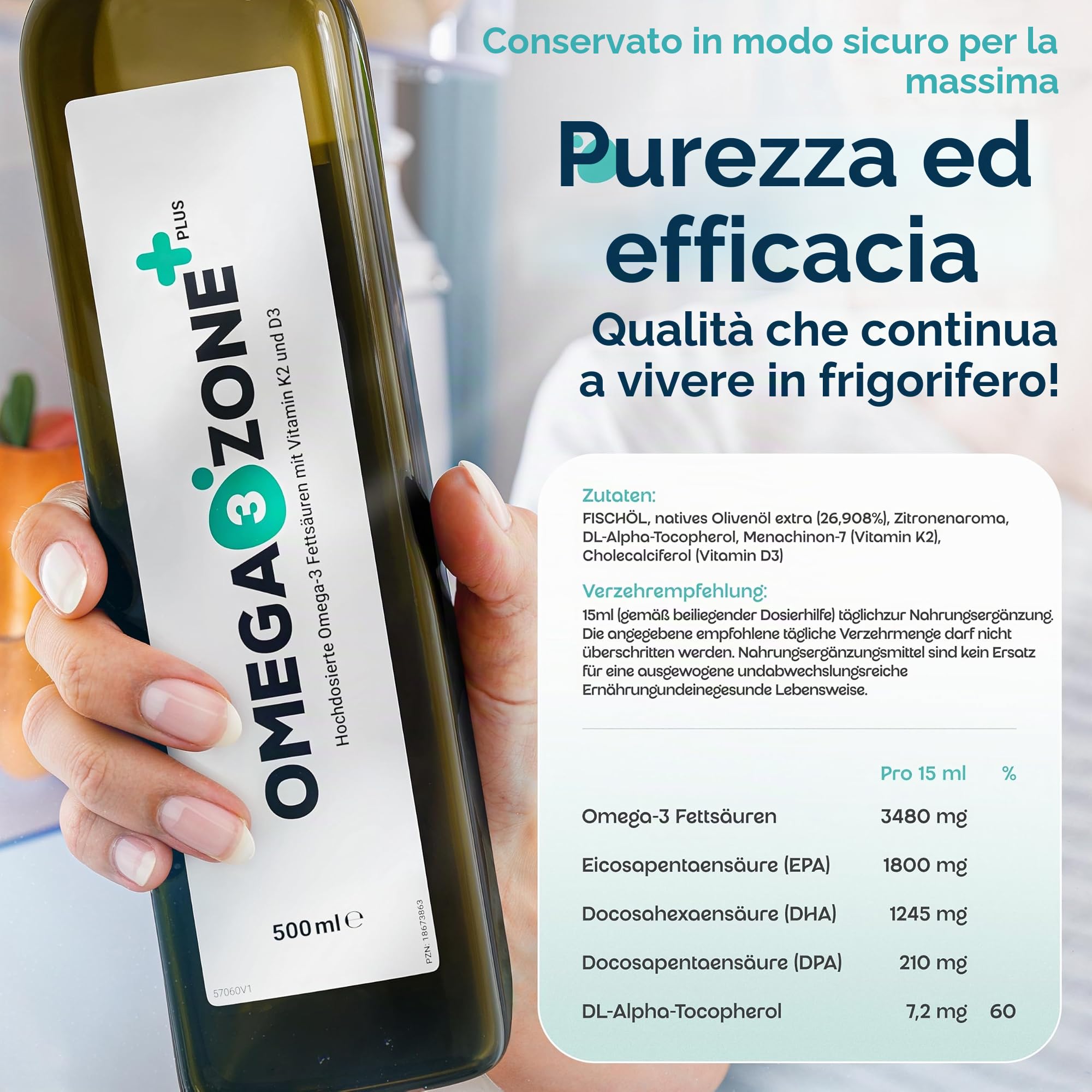 omega3zone Premium Omega-3 Olio con Vitamina D3 K2 – Olio di pesce ad alta concentrazione D3K2 – All trans MK‑7 K2 3.840 mg per porzione – Testato in laboratorio – Prodotto in Germania – Limone 500 ml