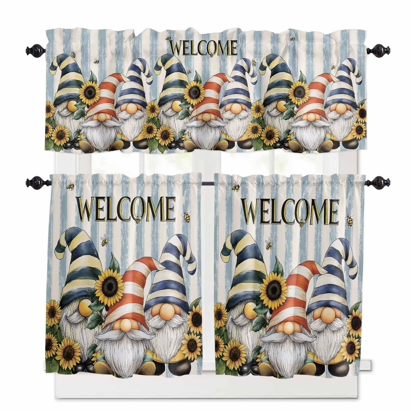 Sunflower Gnomes Kitchen Curtains 36 Inch Length,3 Piece Rod Pocket Small Half Tiers and Valance Set,Farmhouse Striped Bee Yellow Summer Flower Small Large Window Treatment Decor for Bedroom/Bathroom