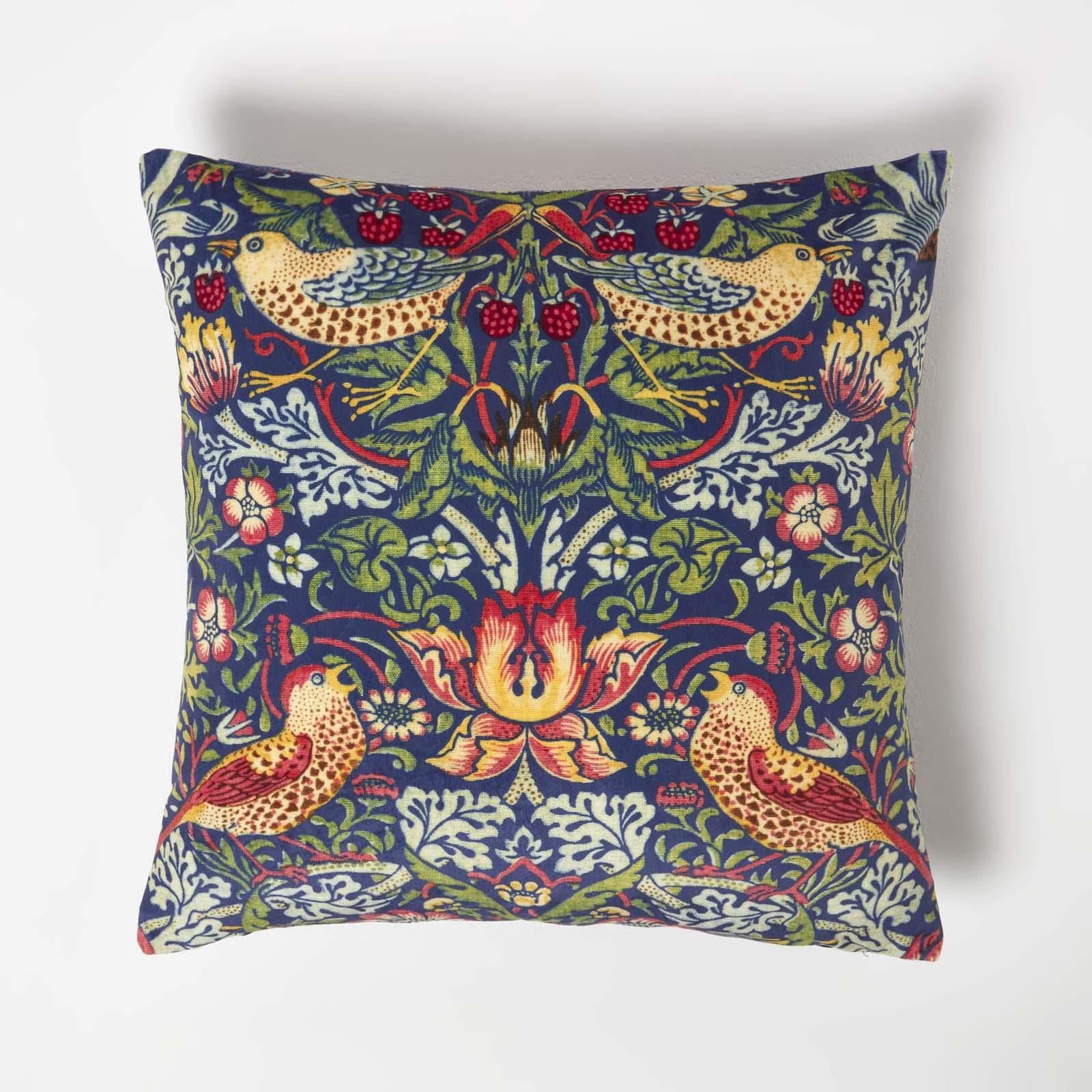 Homescapes Navy William Morris Strawberry Thief Velvet Cushion In | Size: 45Cm X 45Cm