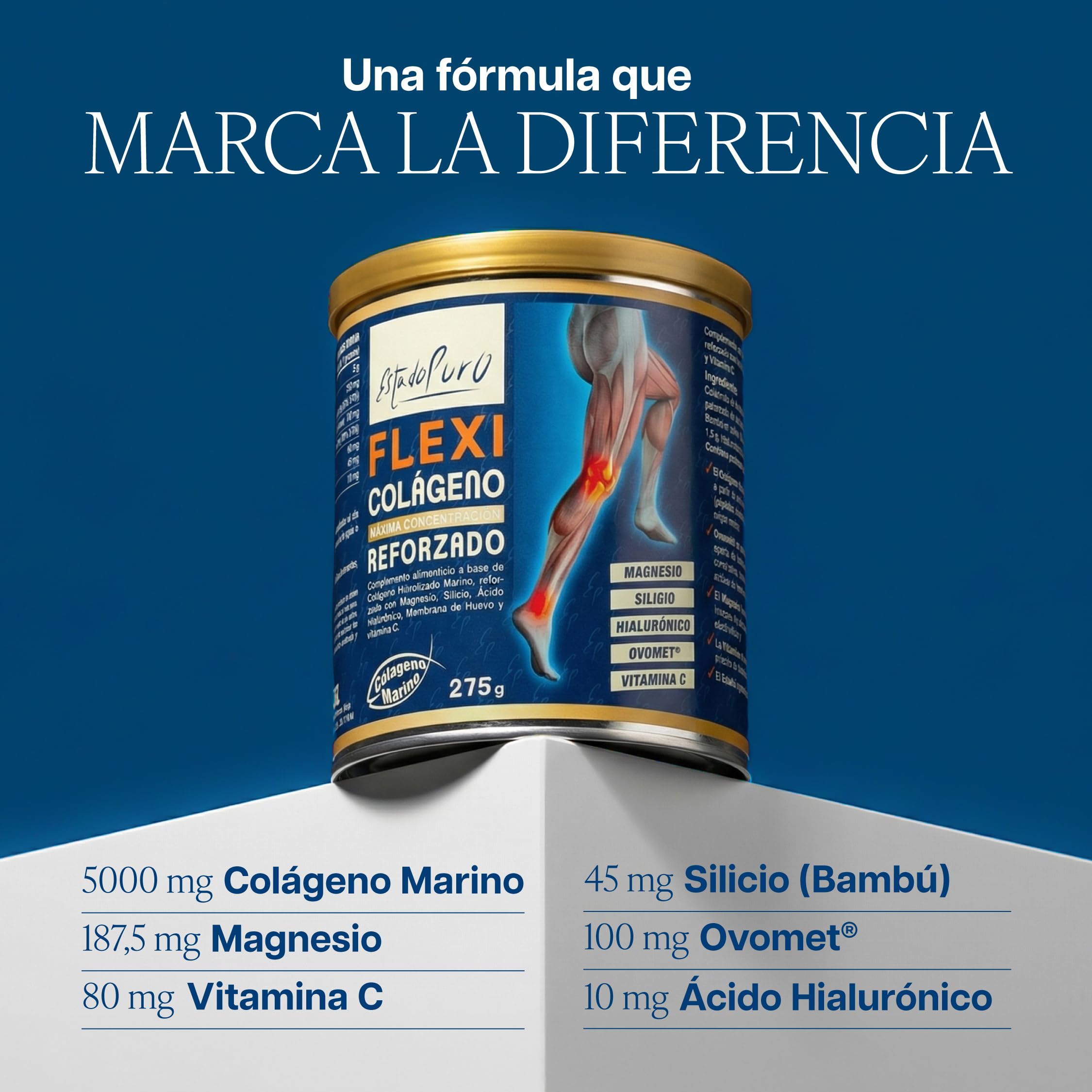 Colageno Hidrolizado Marino Con Acido Hialuronico Y Vitamina C | 5g Péptidos de Colágeno Peptan® por Dosis – Hasta 5x Más que Cápsulas - Con Magnesio | Formato Polvo 275g, 25 Dosis | Flexi TONGIL